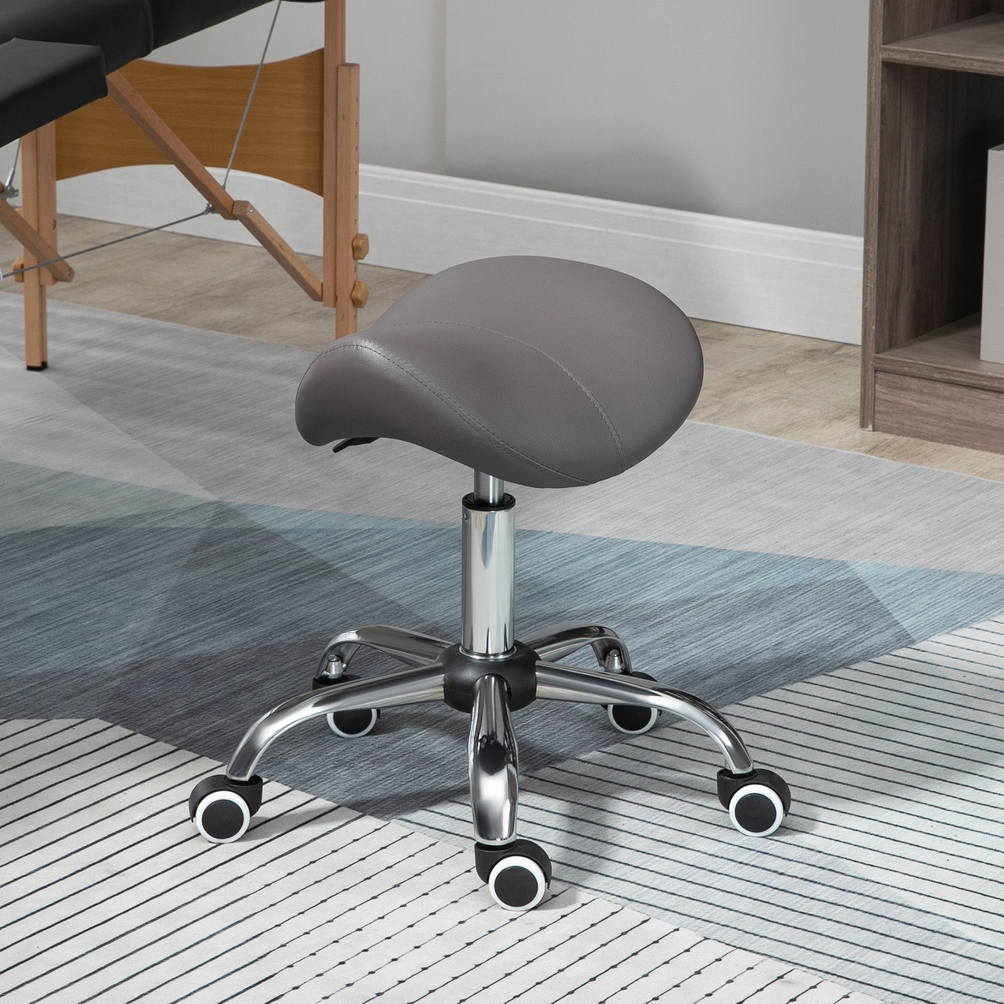 HOMCOM Cosmetic Stool 360° Rotate Height Adjustable Salon Massage Spa Chair Hydraulic Rolling Faux Leather Saddle Stool, Grey - North Peak Garden Furniture