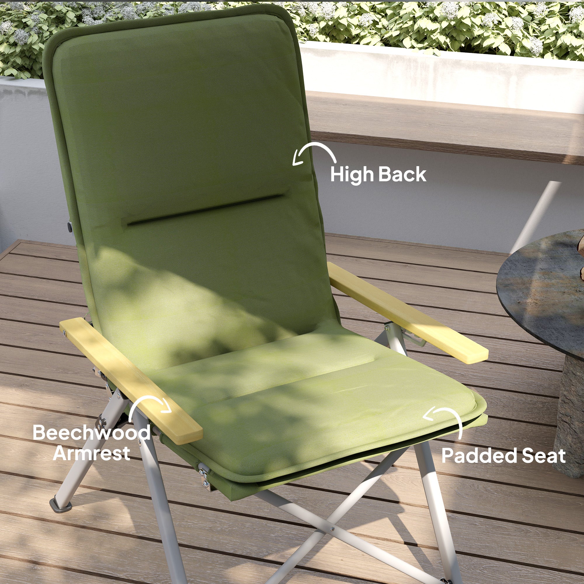 Outsunny Portable Camping Chair for Adults, High Back Folding Chair with Padded Seat and Carry Bag, Outdoor Recliner for Hiking, Fishing, Beach and Picnic, Green - North Peak Garden Furniture