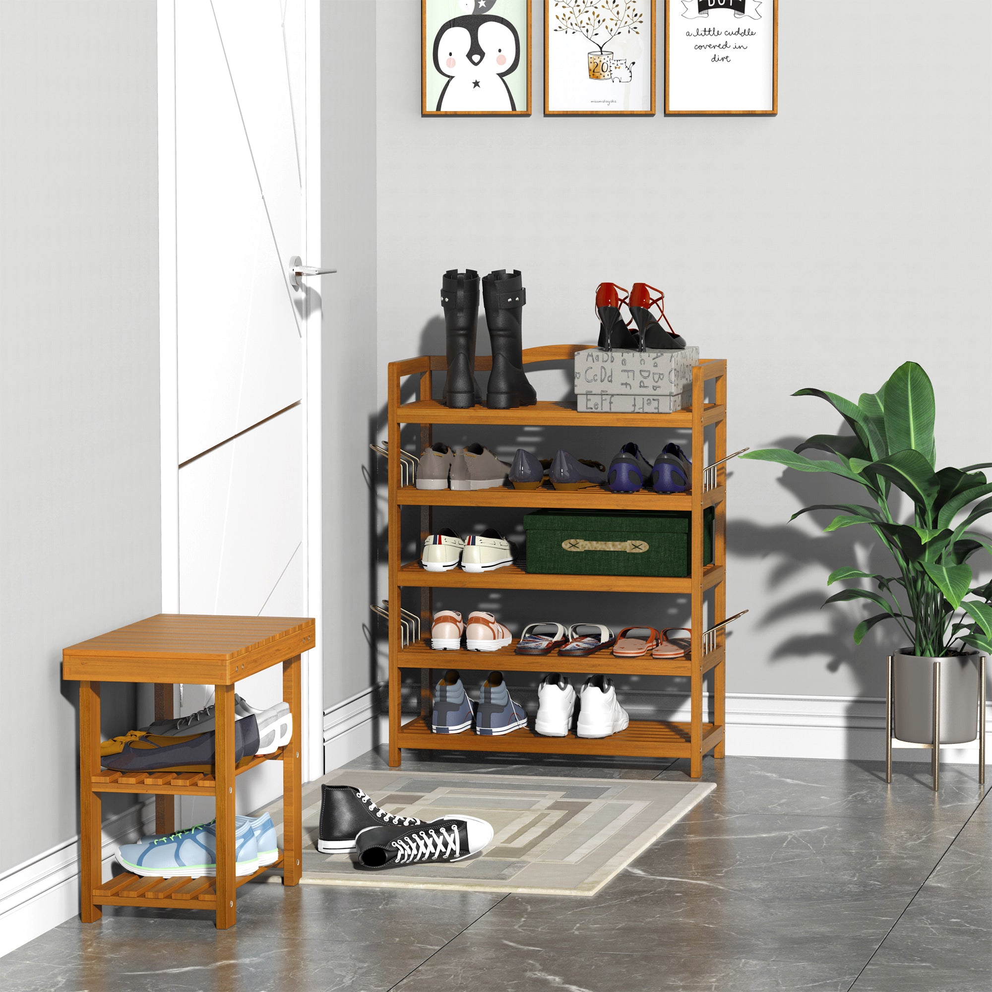 HOMCOM 5-Tier Shoe Rack, Acacia Wooden Shoe Storage Organiser with Hangers, Holds up to 24 Pairs, for Entryway, Living Room, 64 x 26 x 82 cm, Teak - North Peak Garden Furniture
