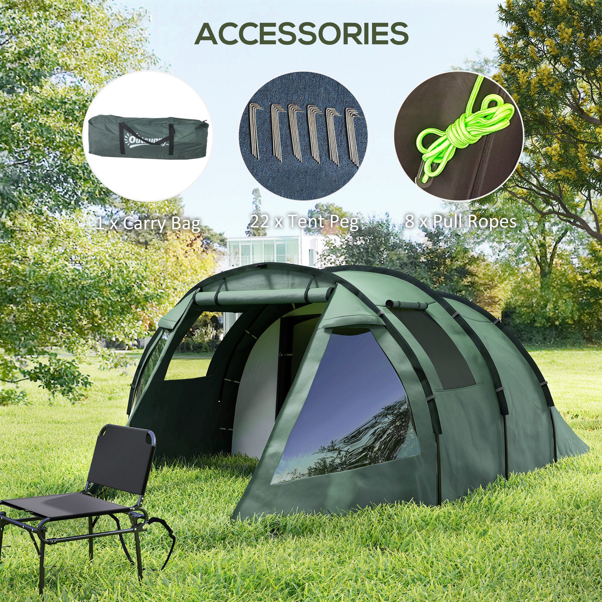Outsunny Two Room Tunnel Tent Camping Tent for 3-4 Man with Windows, Covers, Carry Bag, for Fishing, Hiking, Sports, Green - North Peak Garden Furniture