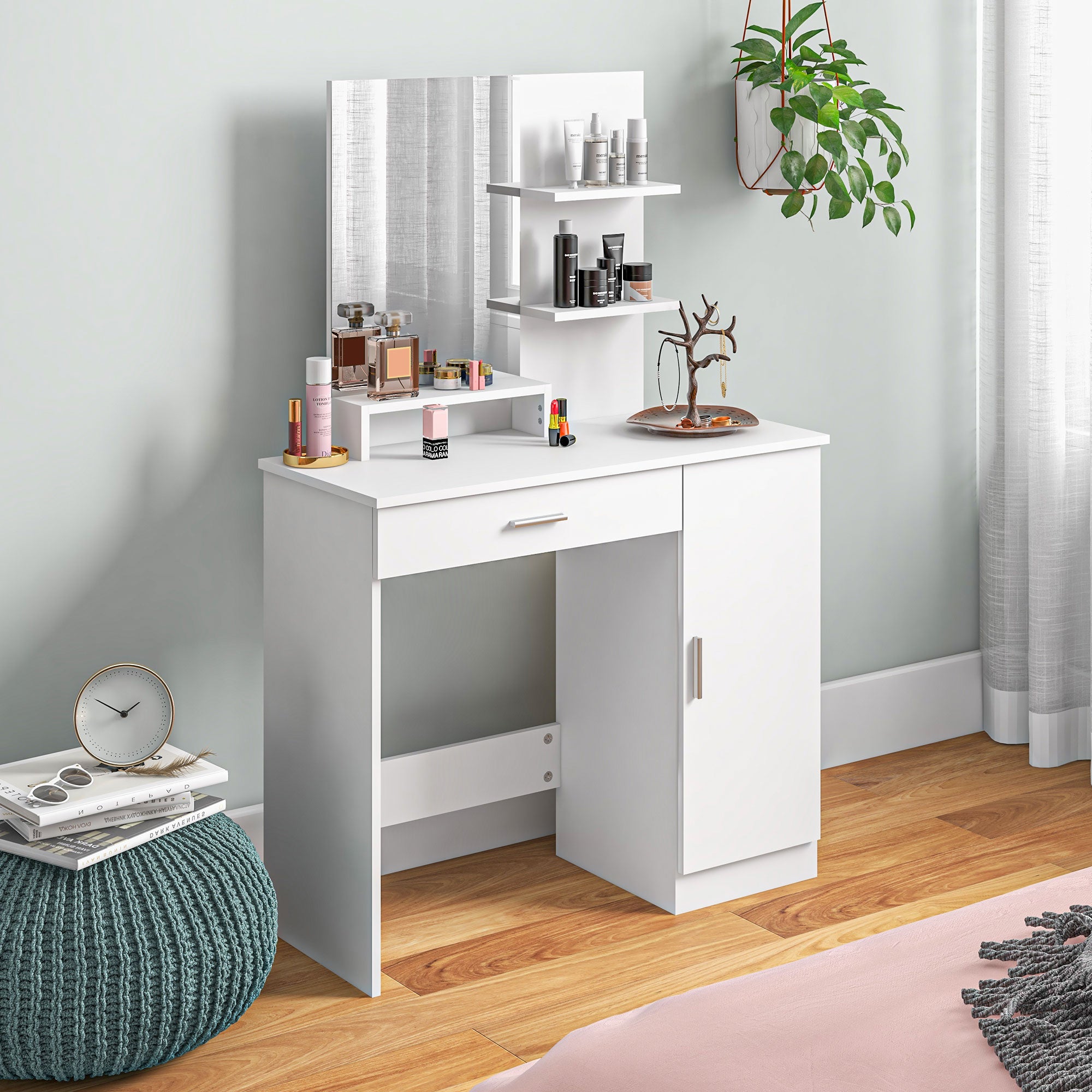 HOMCOM Simple and Modern Dressing Table, with Storage - White