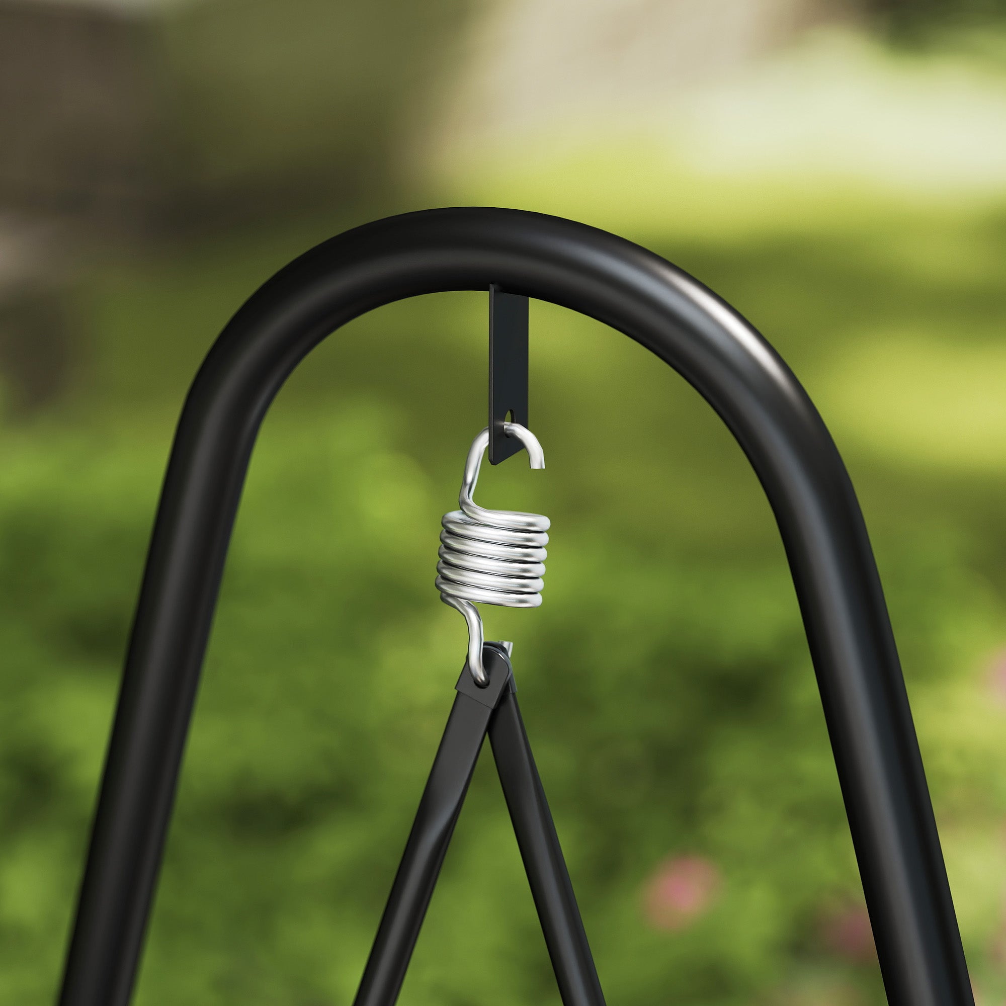 Outsunny Rattan Swing Chair, Outdoor Garden Hanging Swing Seat with Stand and Seat Cushion, Porch Hanging Chair for Balcony, Garden, Deck, Dark Grey - North Peak Garden Furniture