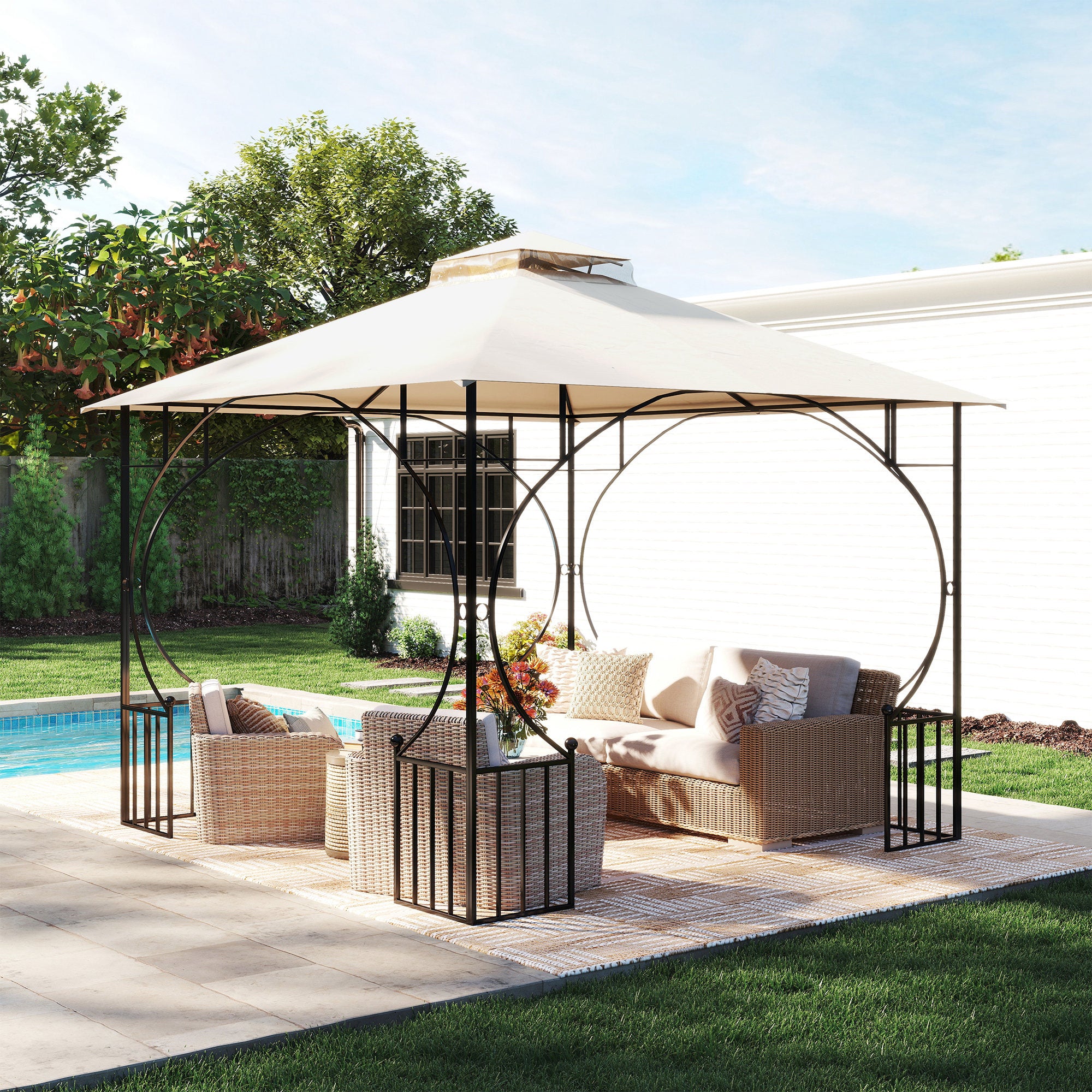 Outsunny 3x3(M) Replacement Gazebo Canopy, Double Tier Roof Top for Garden, Patio, Outdoor, Beige (TOP ONLY) - North Peak Garden Furniture