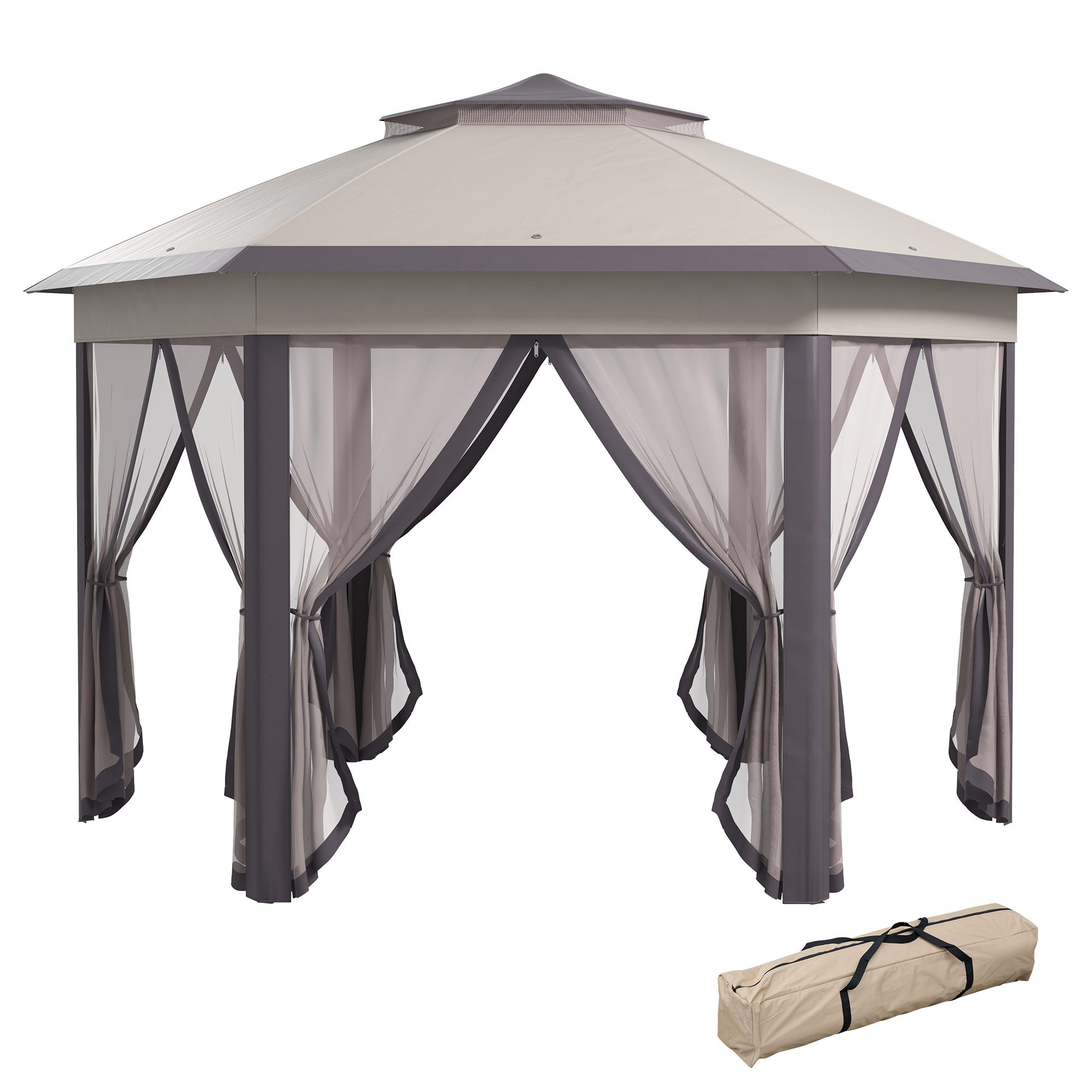Outsunny Hexagon Garden Gazebo Pop Up Gazebo Outdoor Patio Double Roof Instant Shelter with Netting, 3 x 4m, Beige - North Peak Garden Furniture