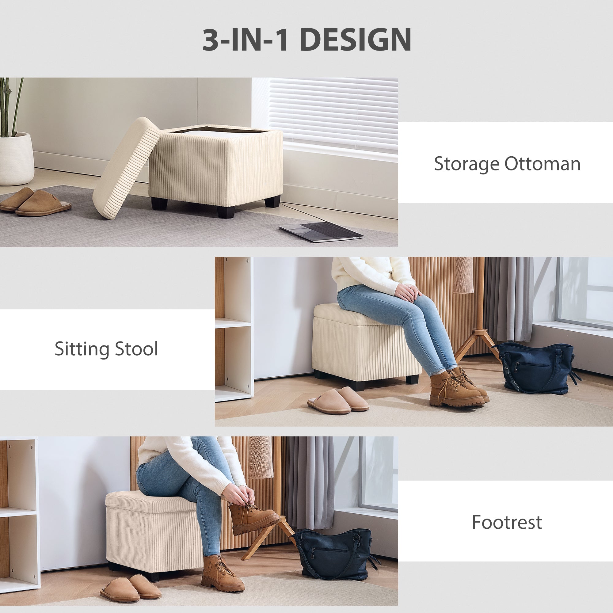 HOMCOM Storage Ottoman Bench, Corduroy Footstool with Removable Lid and Legs, 40cm Storage Chest Box for Living Room, Bedroom, Hallway, Beige - North Peak Garden Furniture