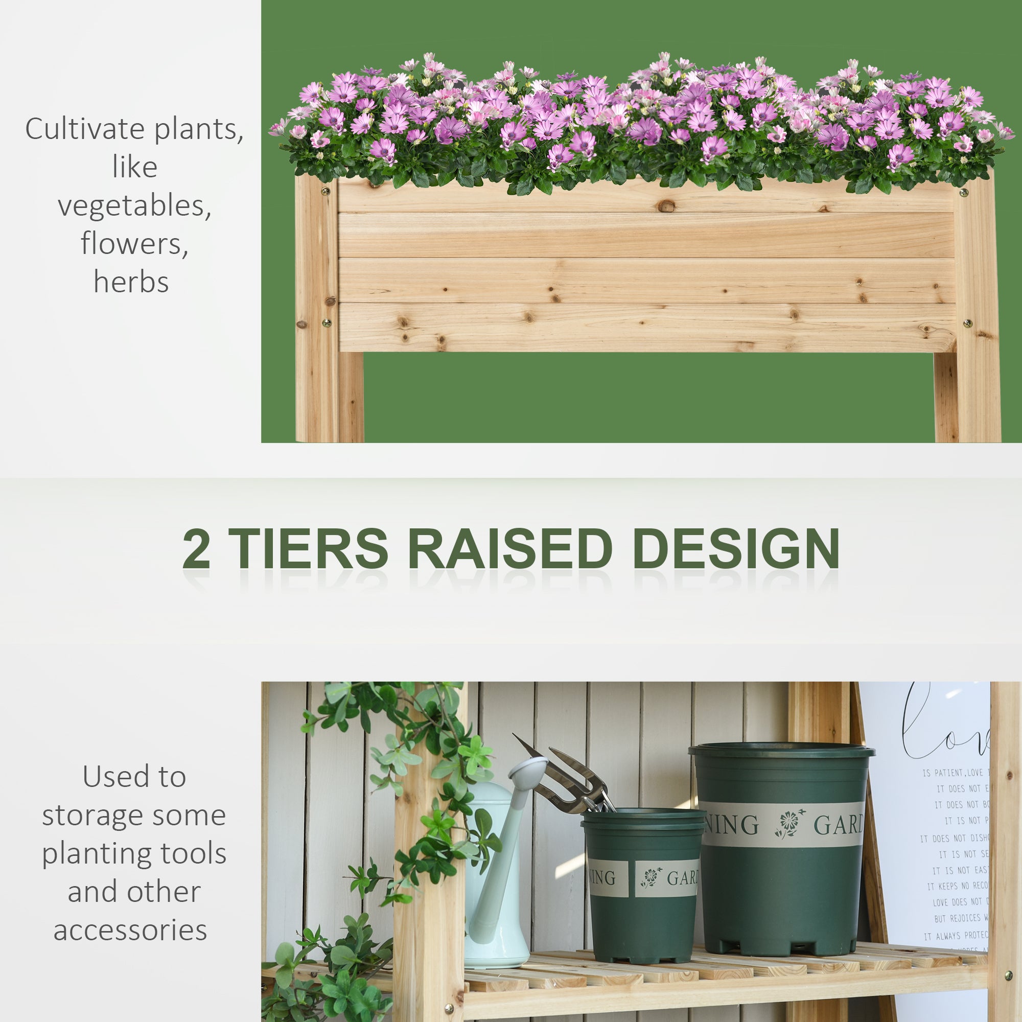 Outsunny Raised Planter Bed: Tall Wooden Garden Stand with Clapboard Sides, Natural Wood Finish, 100 x 40 x 84cm