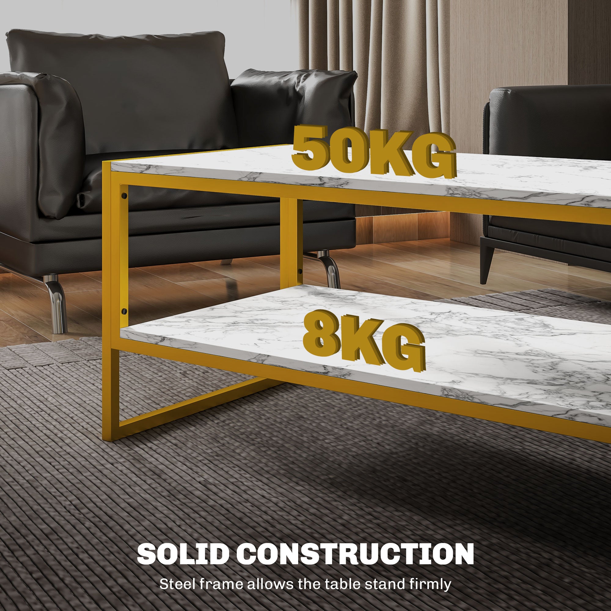 HOMCOM Coffee Table, Two-Tier Marble Centre Table with Metal Frame and Storage Shelf for Living Room, 106 x 50 x 45cm, White - North Peak Garden Furniture