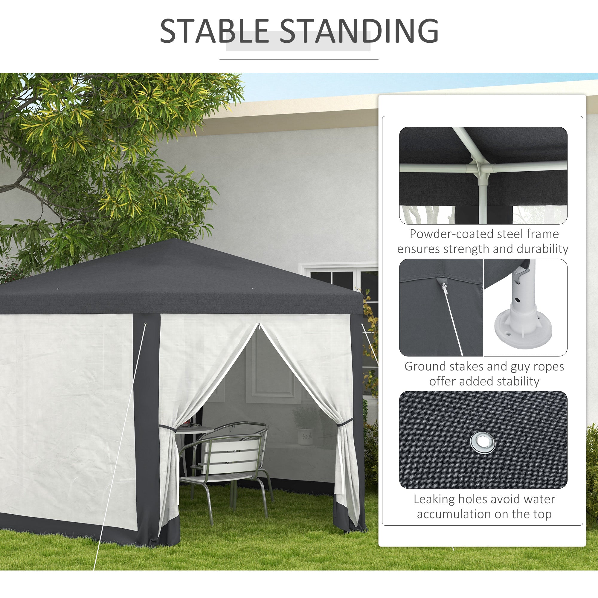 Outsunny 4M Hexagon Gazebo, Netting Party Tent, Patio Canopy Outdoor Event Shelter for Activities, Shade Resistant, Dark Grey - North Peak Garden Furniture