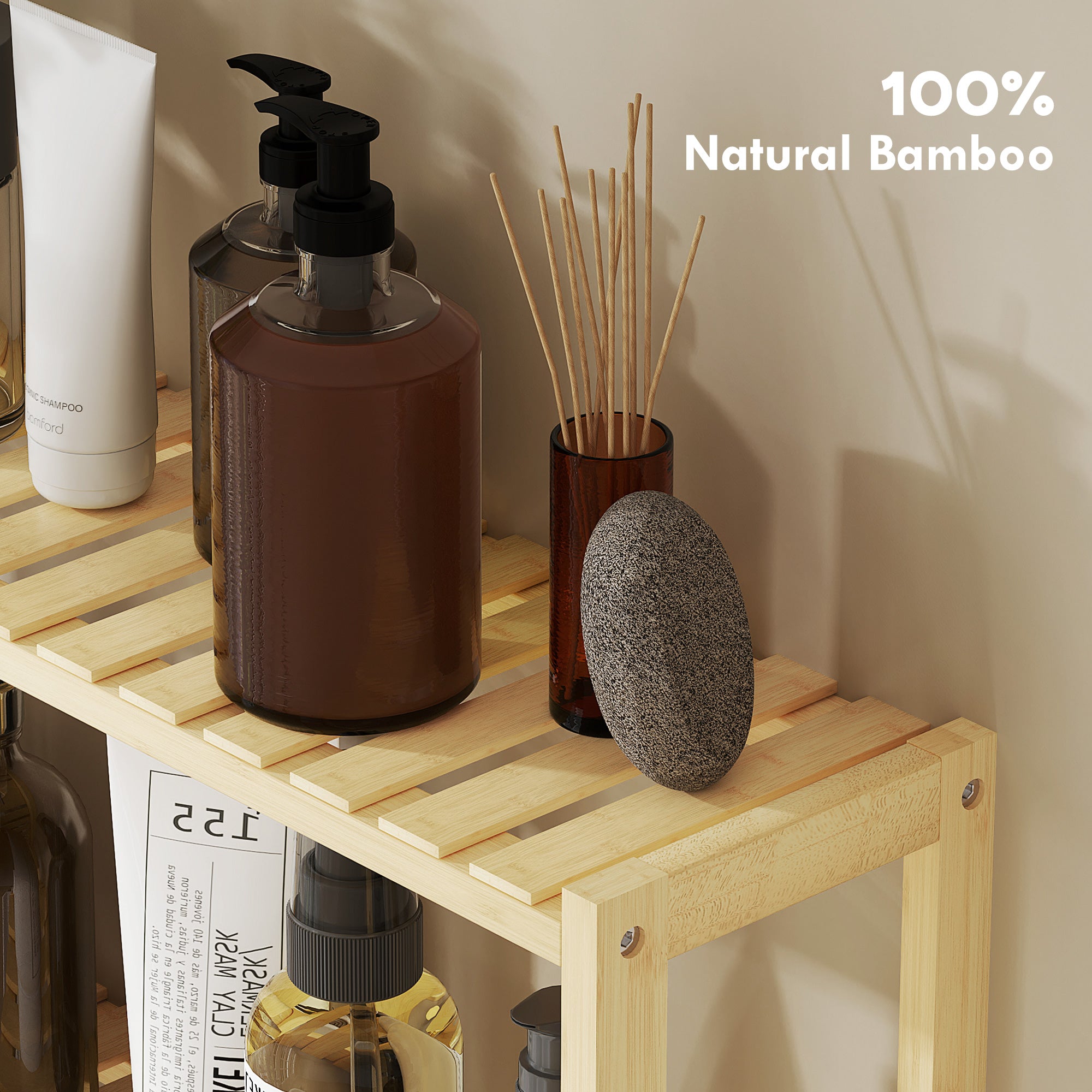 HOMCOM 3-Tier Bamboo Bathroom Storage Shelf, Wall-Mounted or Stand, Display Stand Shelving Unit with Adjustable Rack for Kitchen Bathroom Living Room, Natural - North Peak Garden Furniture