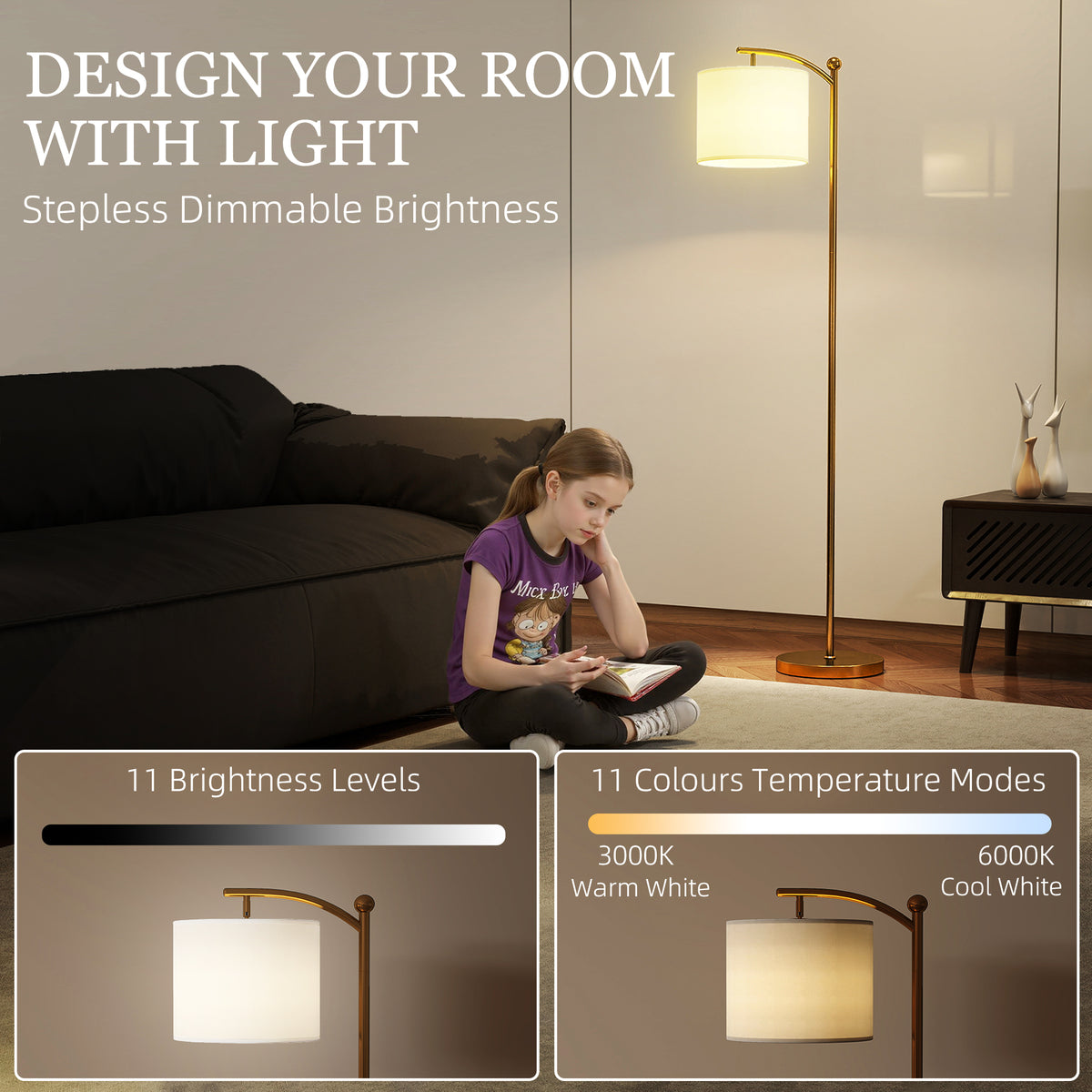 HOMCOM LED Floor Lamp with Remote Control - Gold Tone
