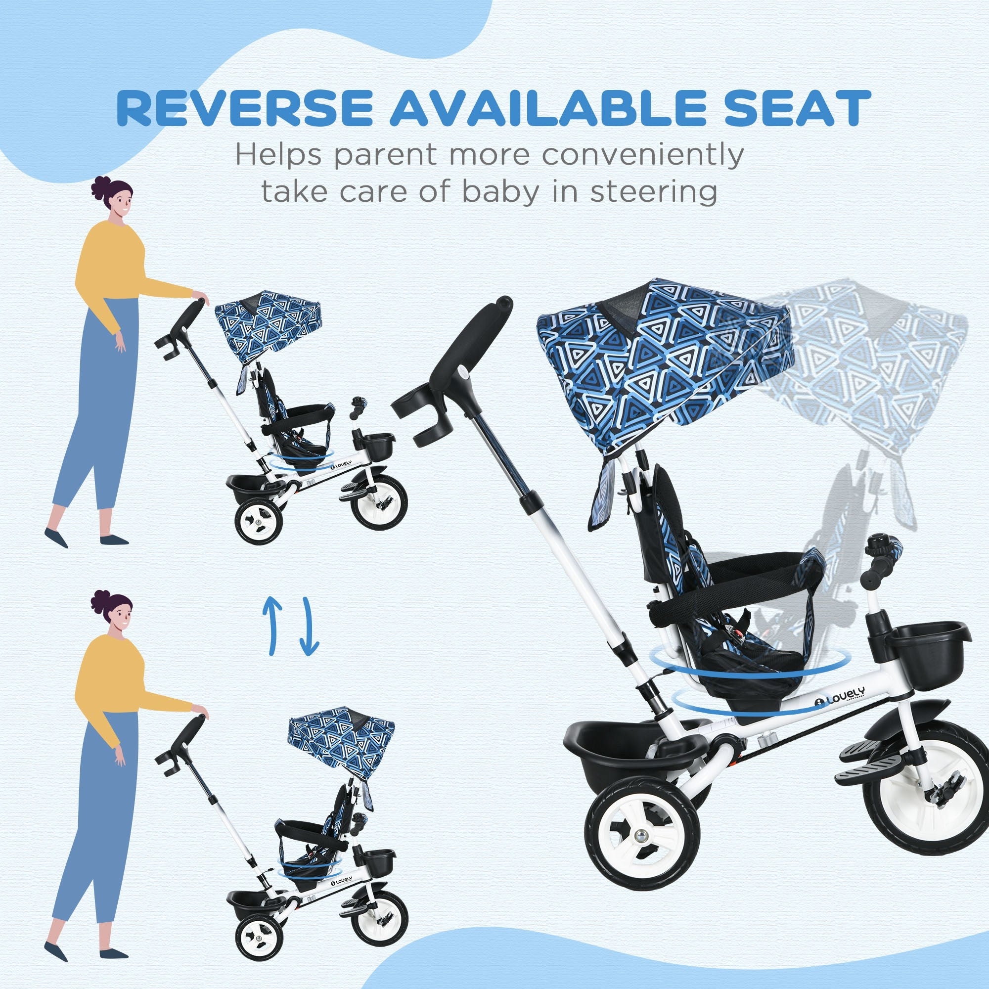 HOMCOM Metal Frame 6 in 1 Baby Push Tricycle with Parent Handle for 1-5 Years Old, Light Blue - North Peak Garden Furniture