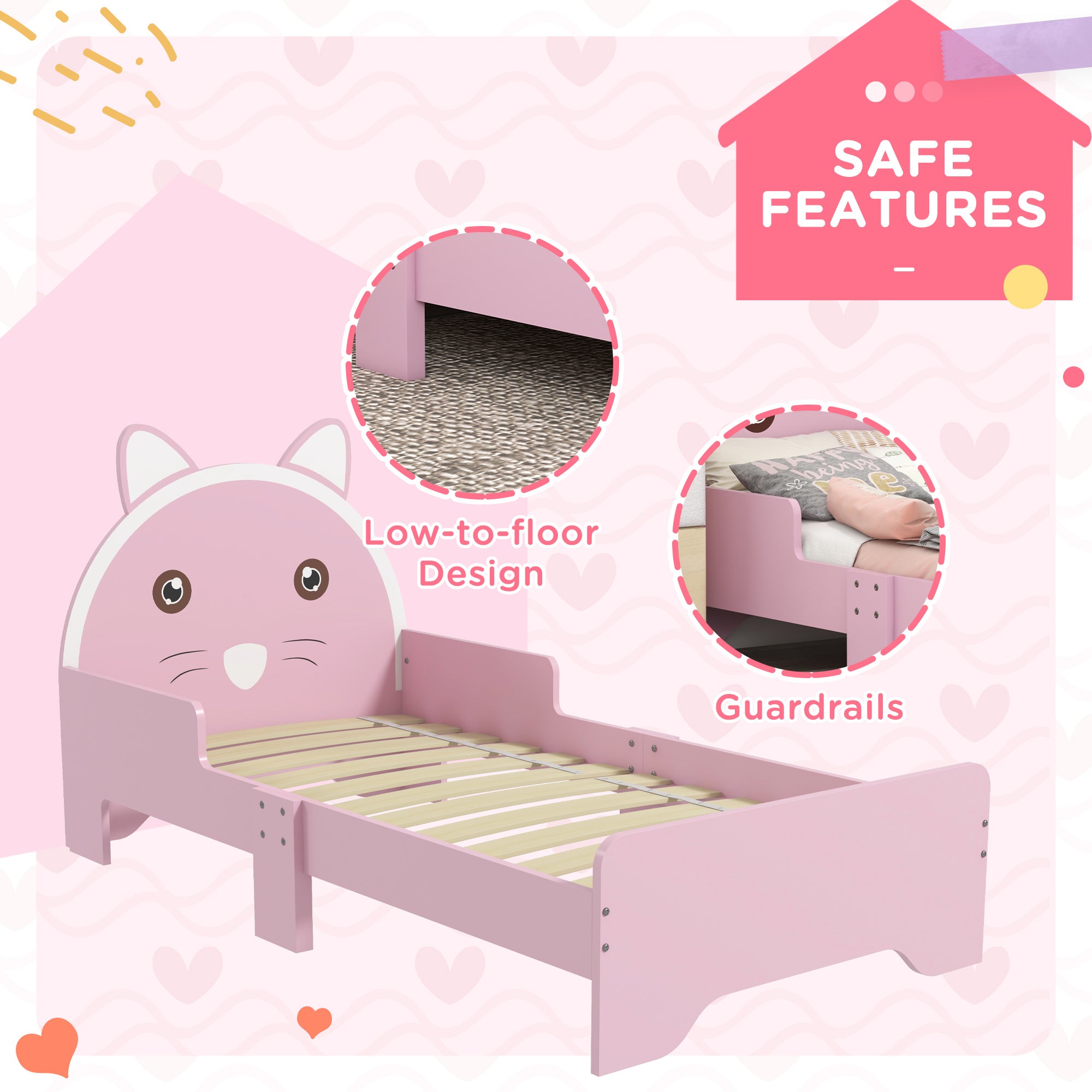 ZONEKIZ Bed for Kids Cat Design Toddler Bed Frame Bedroom Furniture with Guardrails, for 3-6 Years, 143L x 74W x 72Hcm - Pink - North Peak Garden Furniture