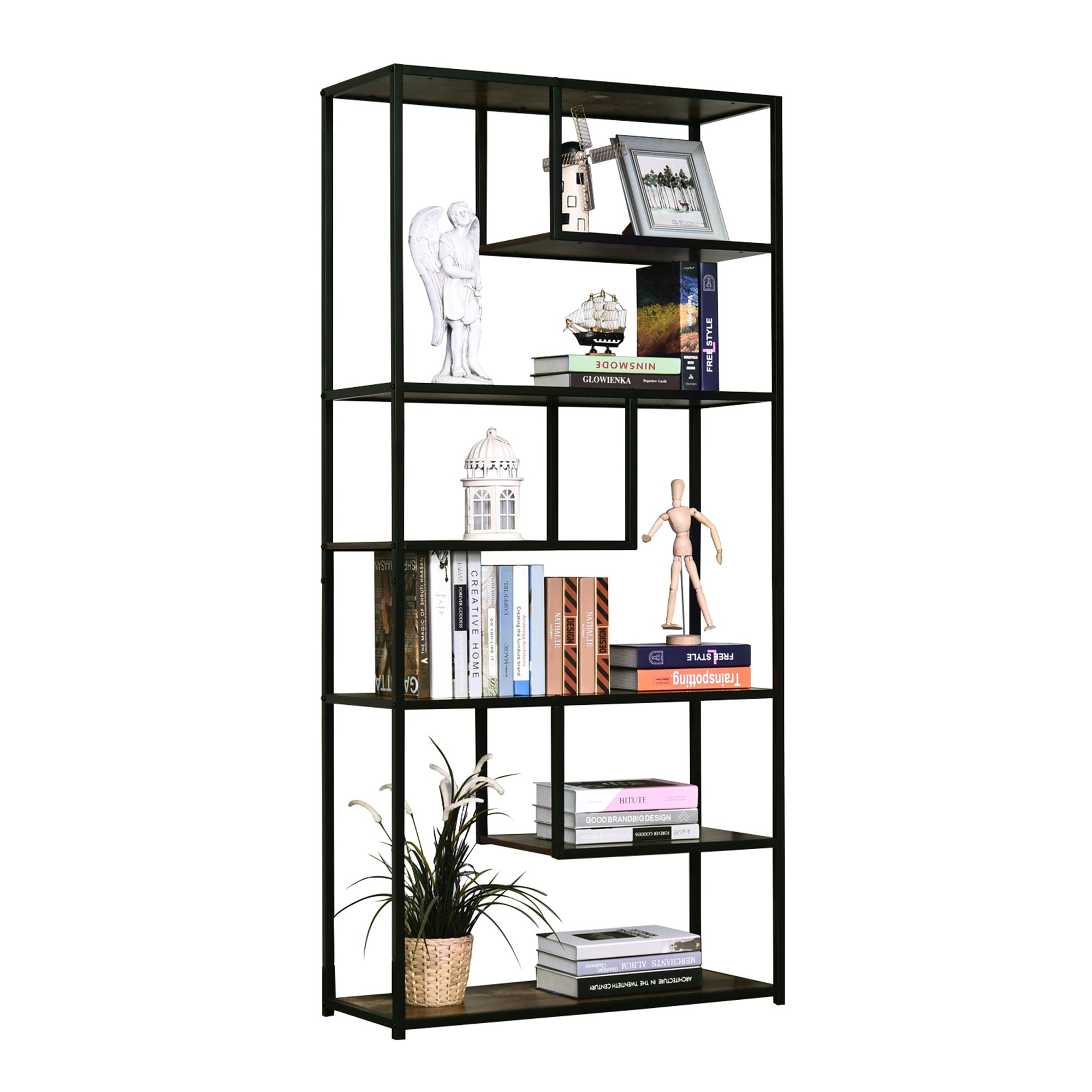 HOMCOM 6 Tier Bookcase, Industrial Tall Shelf Unit with Steel Frame for Home Office, Study, Living Room, Hallway, 82 x 33.5 x 175 cm, Rustic Brown and Black - North Peak Garden Furniture