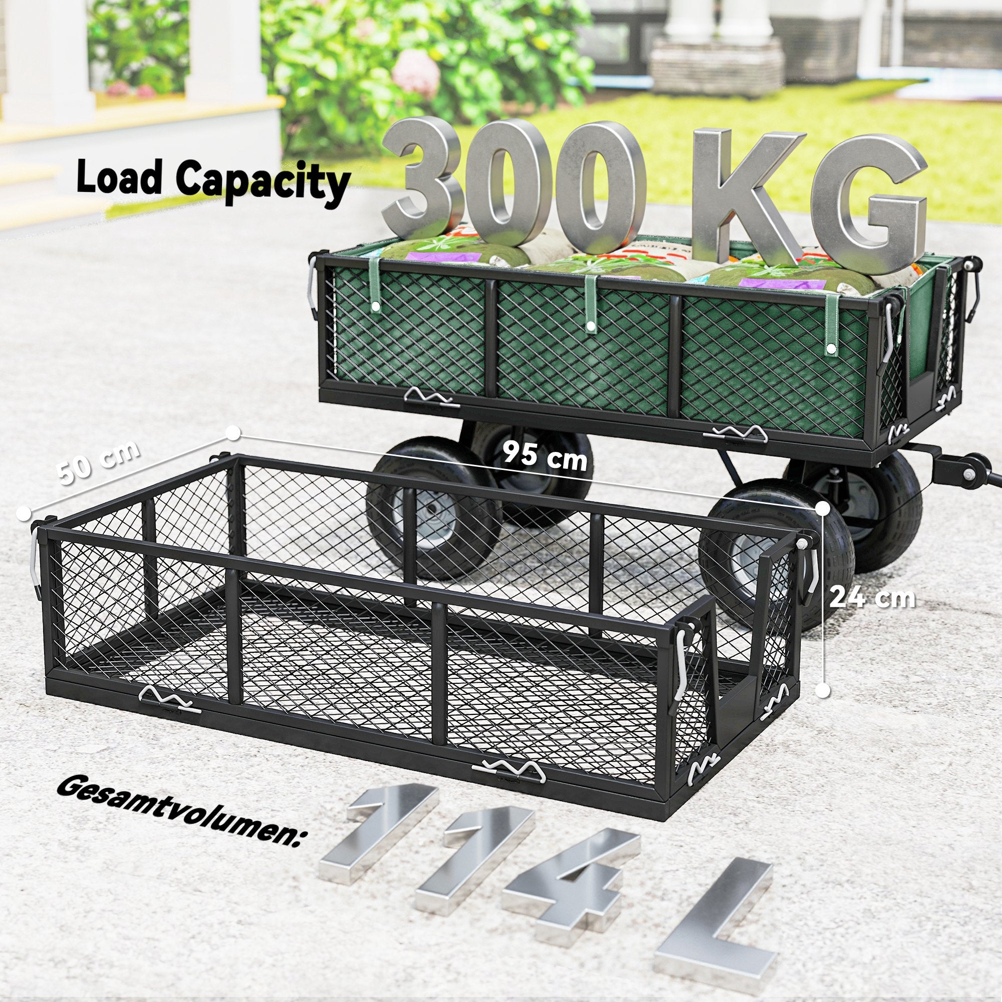 Outsunny 114L Steel Frame Garden Cart Trolley - Green