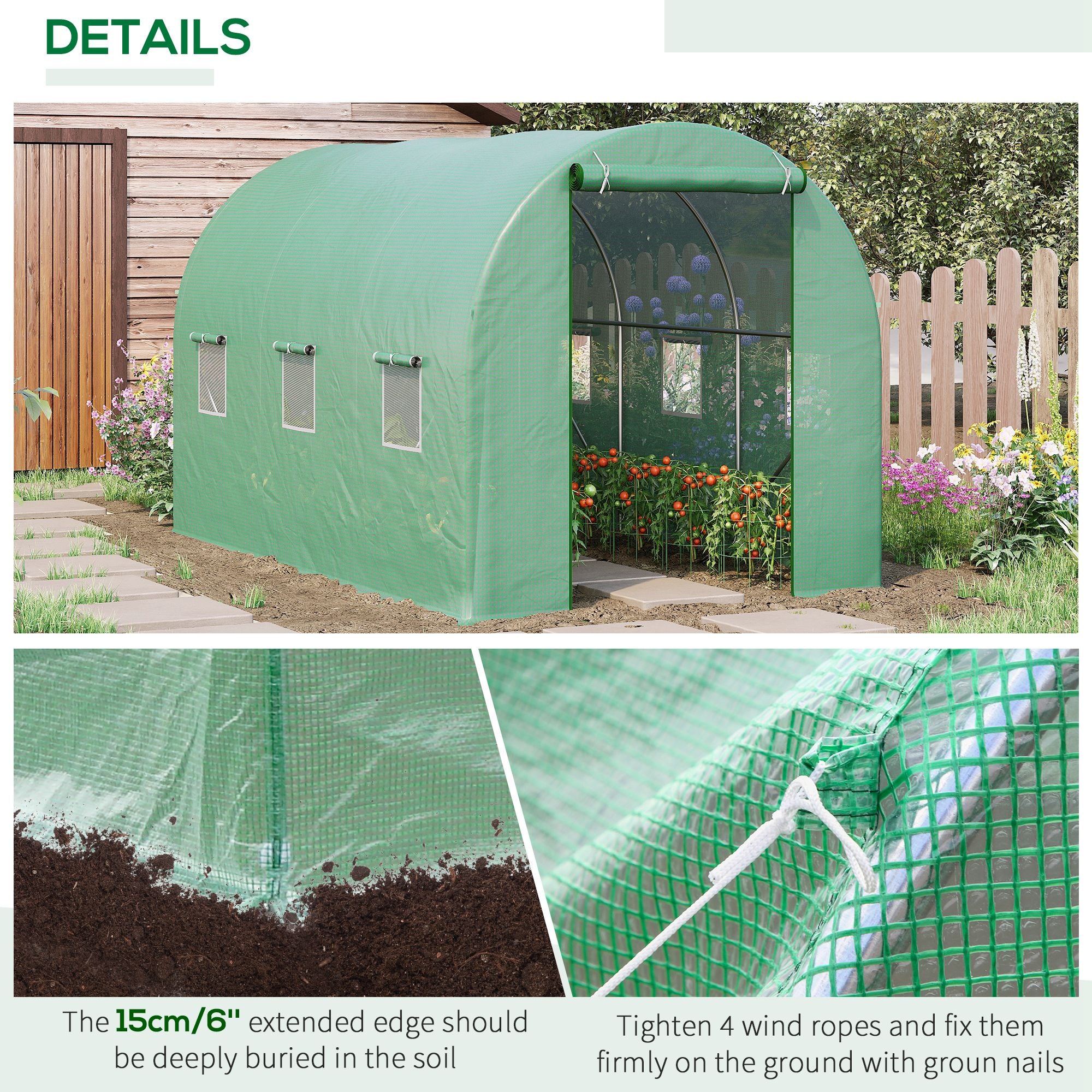 Outsunny 3.5 x 2m Walk-In Polytunnel Greenhouse, with Steel Frame, PE Cover, Roll-Up Door and 6 Windows, Green - North Peak Garden Furniture