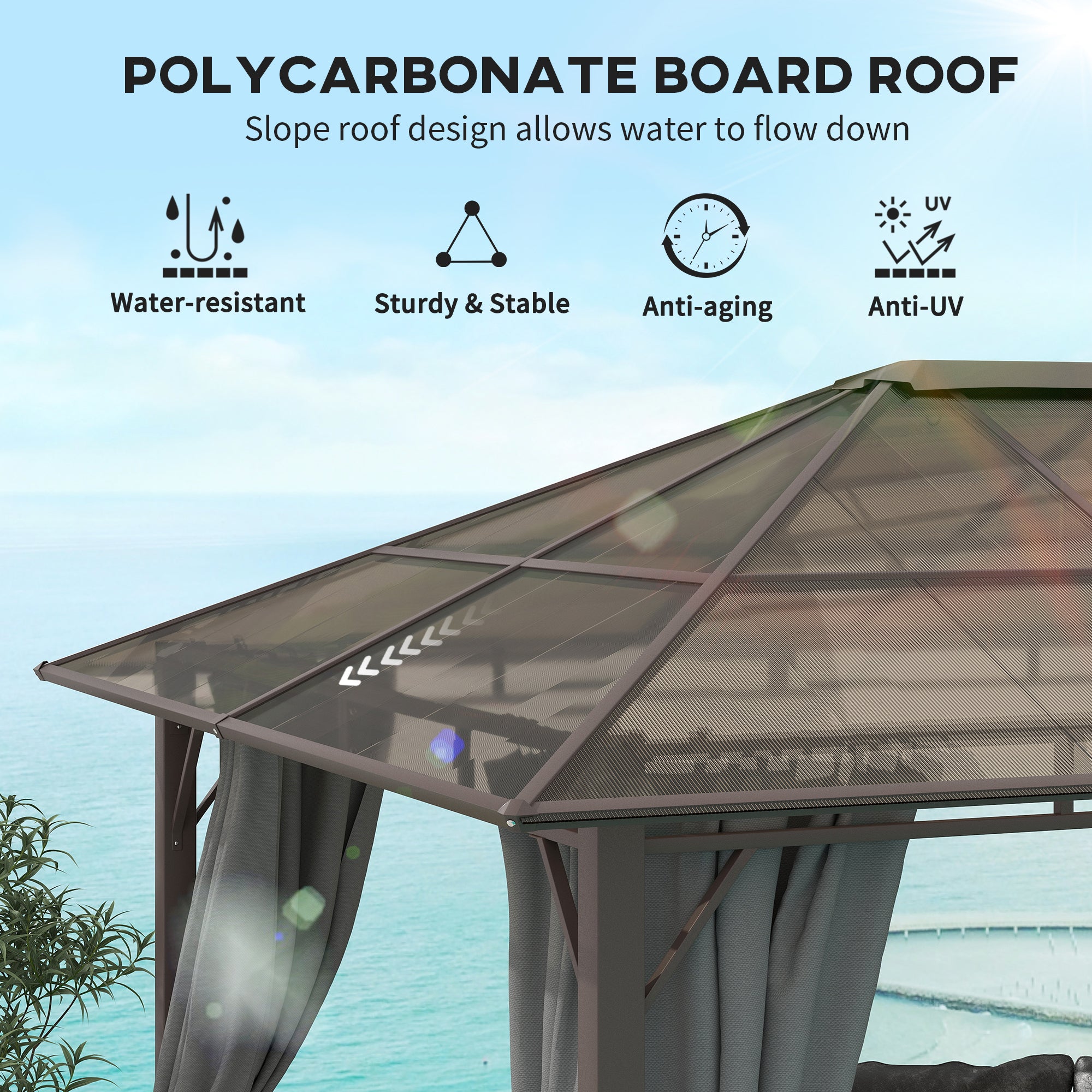 Outsunny 3 x 3.6m Hardtop Gazebo Canopy with Polycarbonate Roof Garden Pavilion with Removable Curtains and Steel Frame, Dark Grey - North Peak Garden Furniture