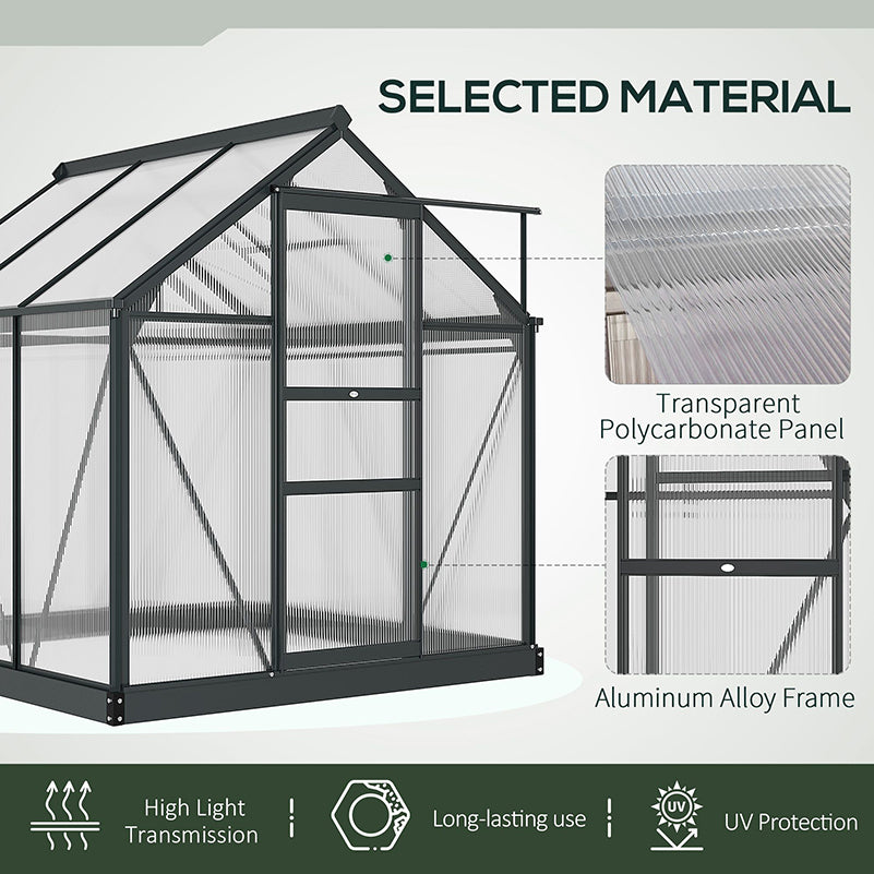 Outsunny 6 x 6ft Polycarbonate Greenhouse, Large Walk-In Green House with Slide Door and Window, Garden Plants Grow House with Aluminium Frame and Foundation, Grey - North Peak Garden Furniture