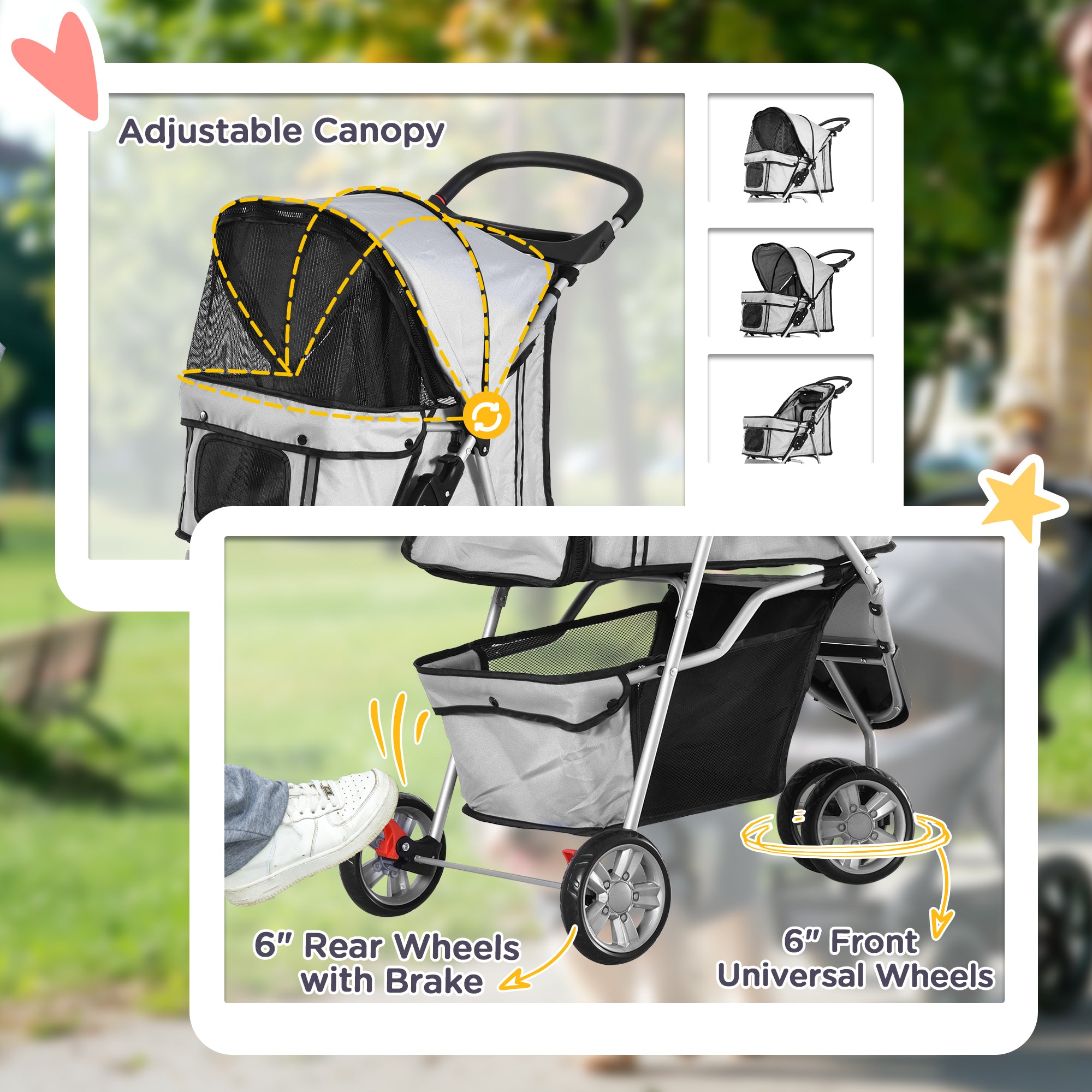 PawHut Dog Stroller, 3 Wheels Foldable Cat Dog Pram with Cup Holder, Storage Basket, Pet Stroller for Small Miniature Dogs, Grey - North Peak Garden Furniture