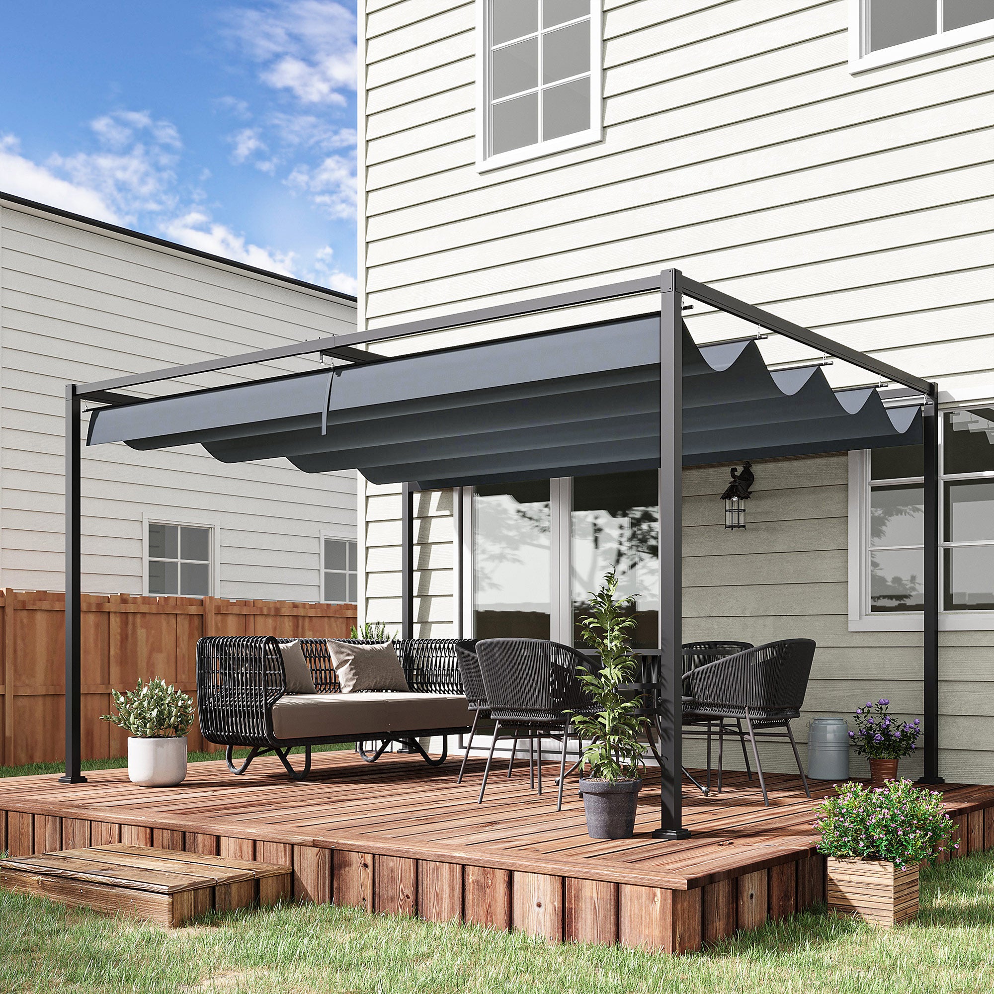 Outsunny 4 x 3(m) Metal Outdoor Pergola with Retractable Roof, Outdoor Gazebo Canopy Shelter with Drainage Holes for Garden, Patio, Lawn, Grey - North Peak Garden Furniture
