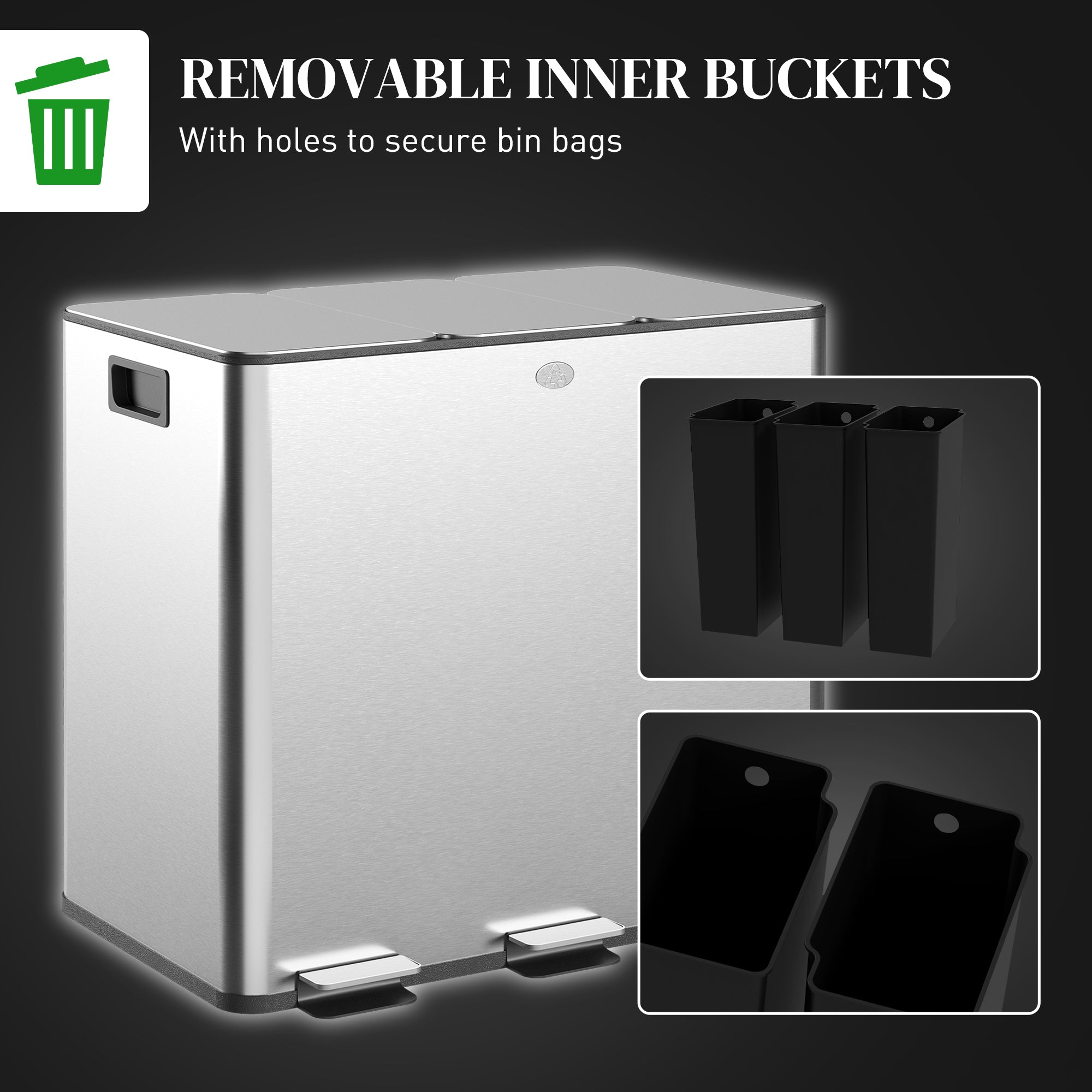 HOMCOM 3 x 15L Pedal Bin, Steel Triple Kitchen Bin with Soft Close Lid, Removable Inner Buckets, Fingerprint-Proof, Silver - North Peak Garden Furniture