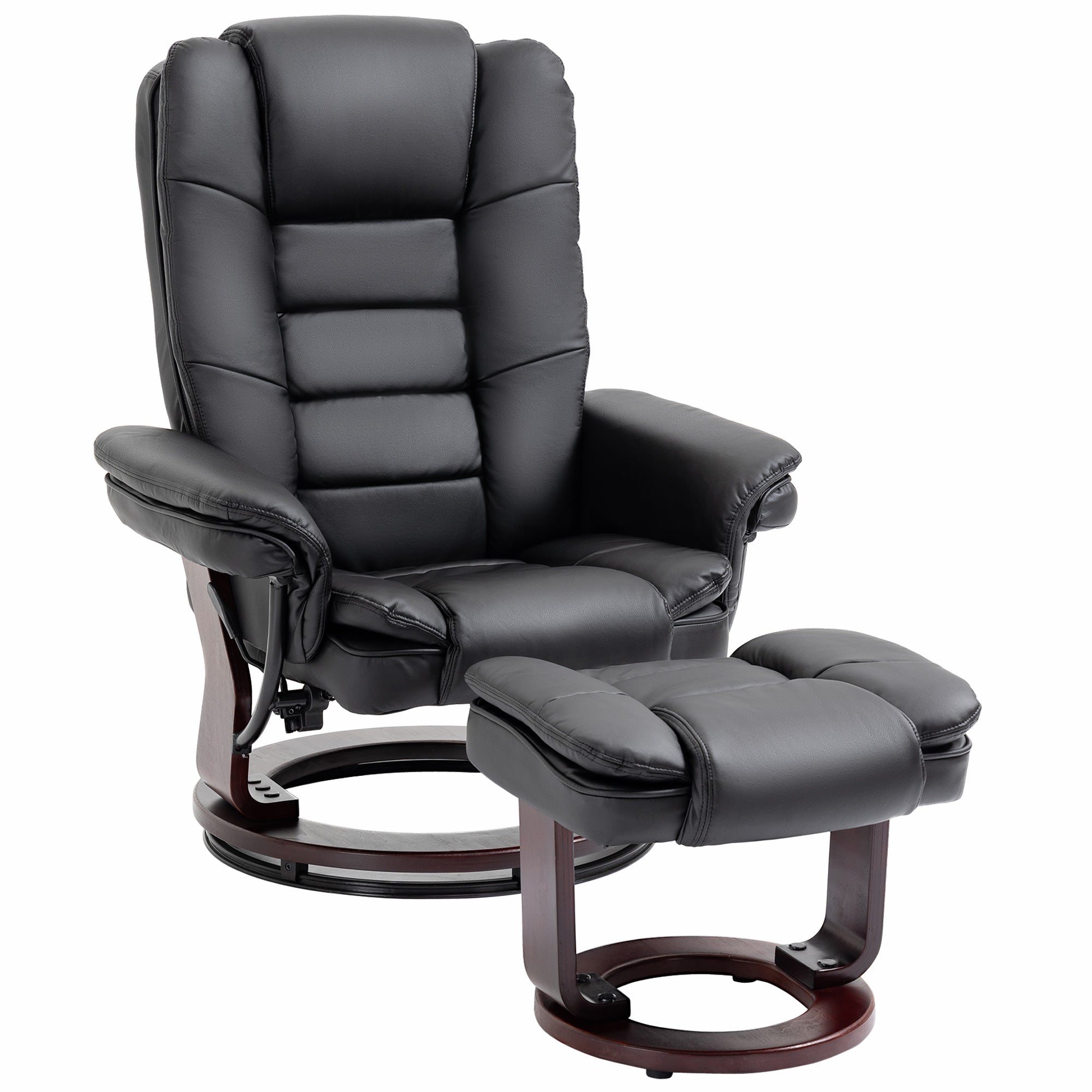 HOMCOM Manual Recliner and Footrest Set PU Leather Leisure Lounge Chair Armchair with Swivel Wood Base, Black - North Peak Garden Furniture