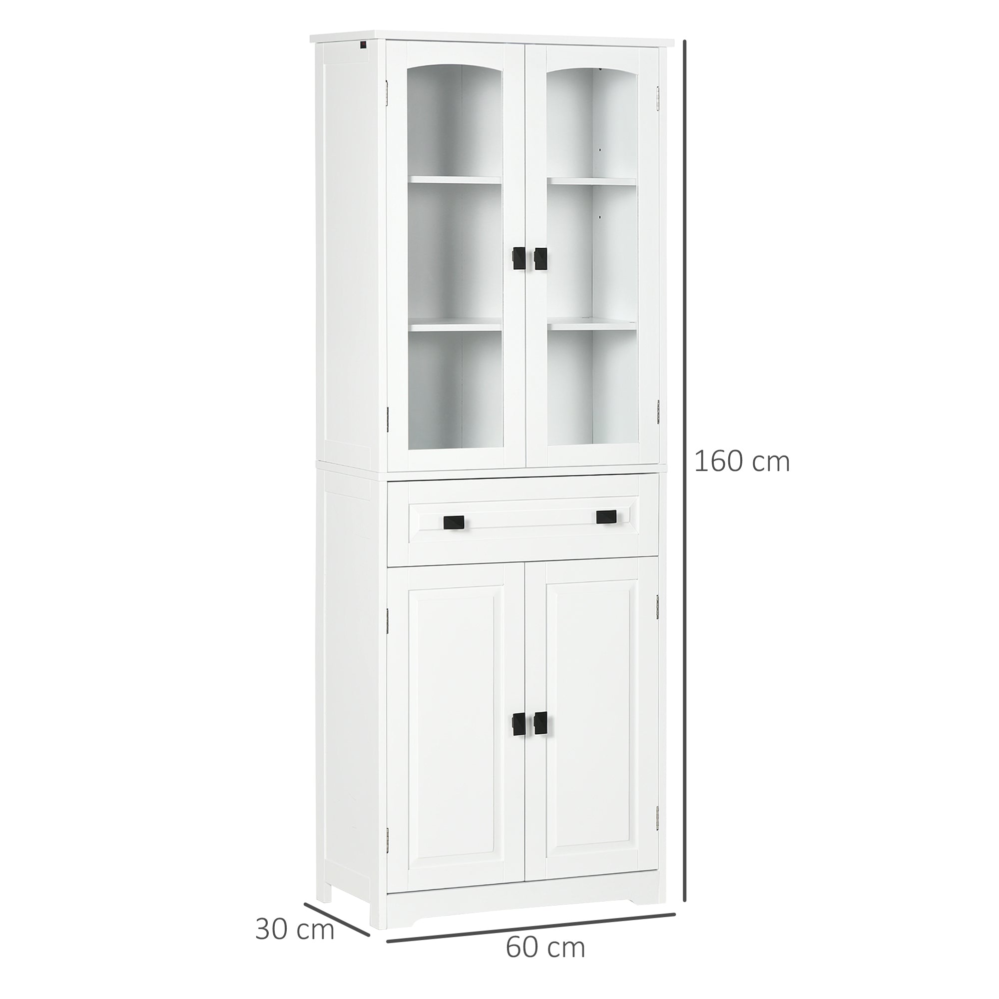 HOMCOM Kitchen Cupboard, Freestanding Storage Cabinet with 2 Adjustable Shelves, Drawer and Glass Door for Living Room, Dining Room, 160cm, White