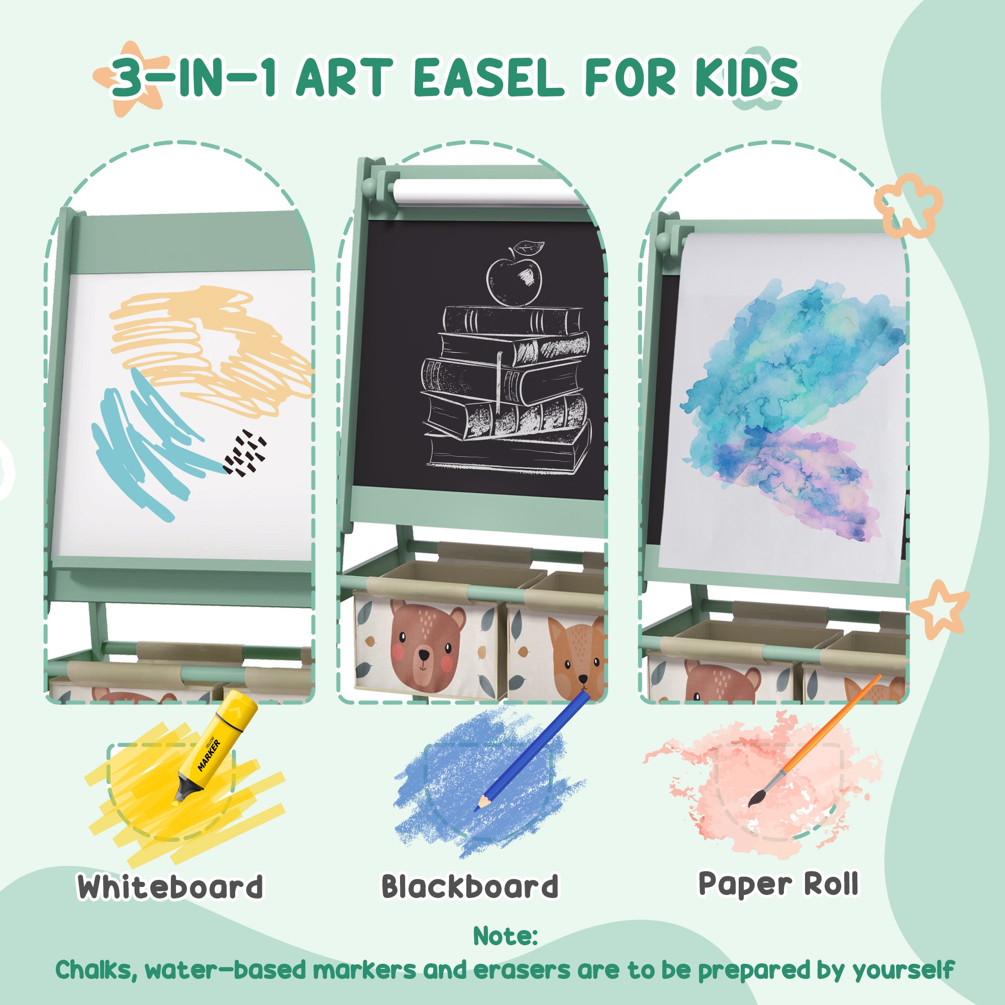 ZONEKIZ Kids Table and Chair Set and Kids Easel with Paper Roll, Storage Baskets, Kids Activity Furniture Set, Green - North Peak Garden Furniture