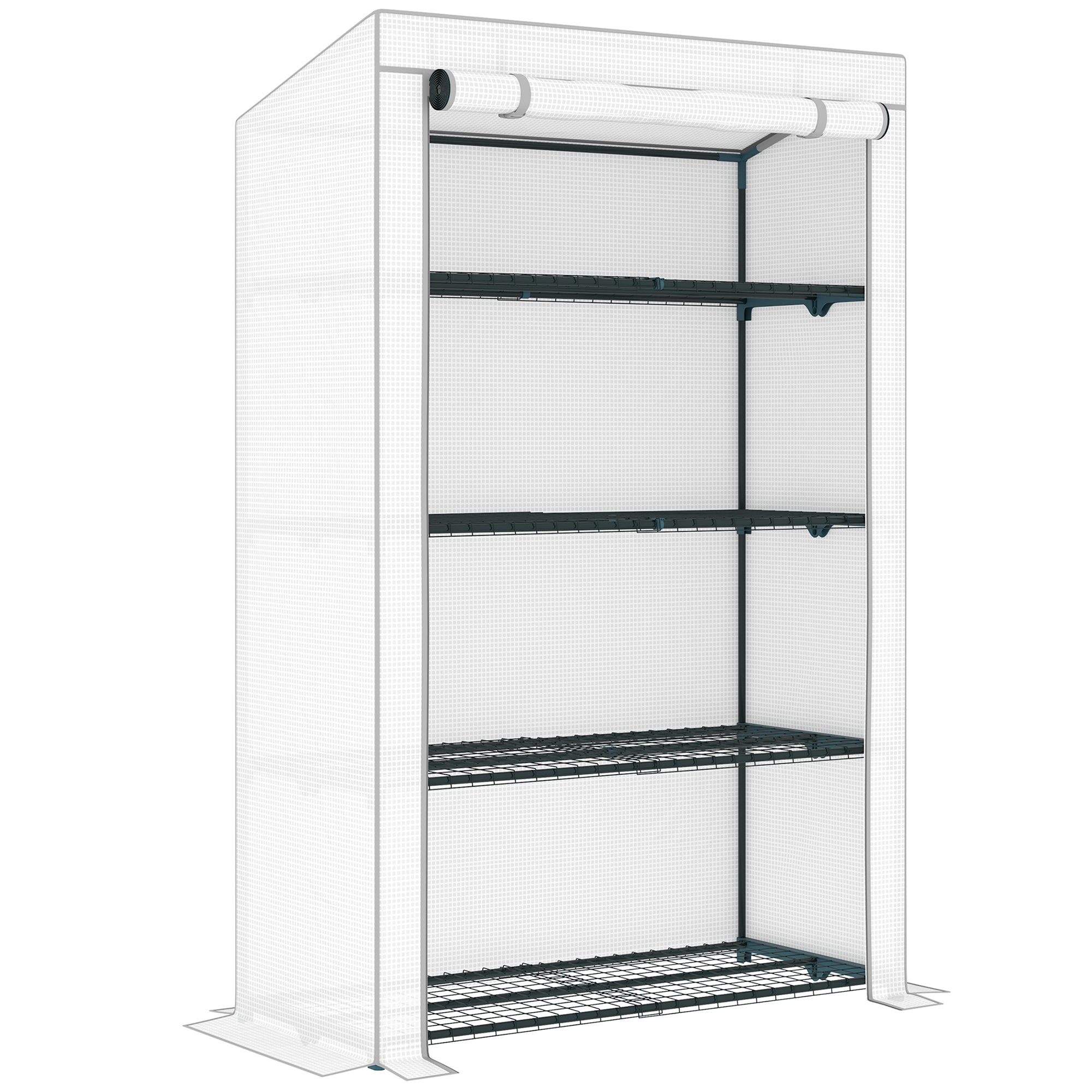 Outsunny 4 Tier Lean-to Mini Greenhouse with Reinforced PE Cover, Portable Small Greenhouse with Roll-Up Door, Grey Hemmed Edging, 110 x 50 x 171cm, Grey - North Peak Garden Furniture