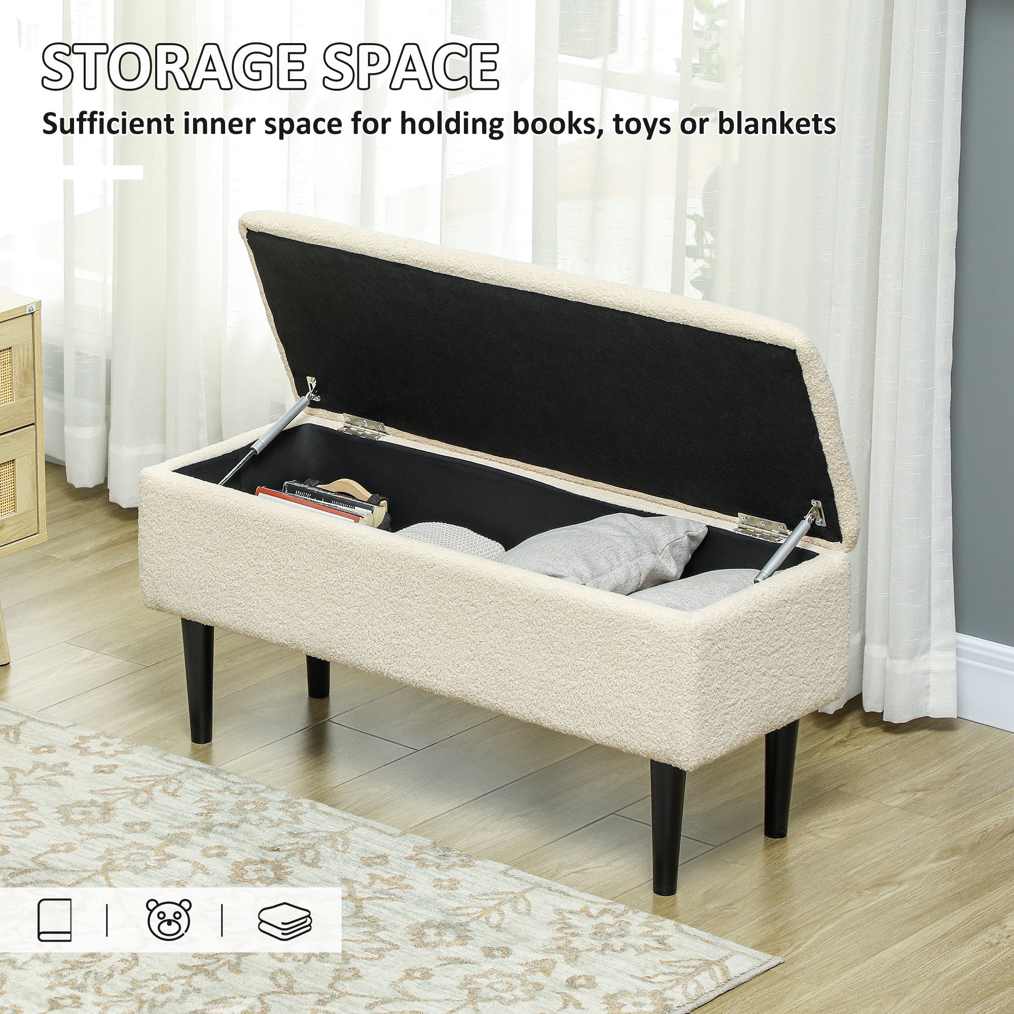 HOMCOM 47L Teddy Fleece Storage Ottoman - Cream - North Peak Garden Furniture