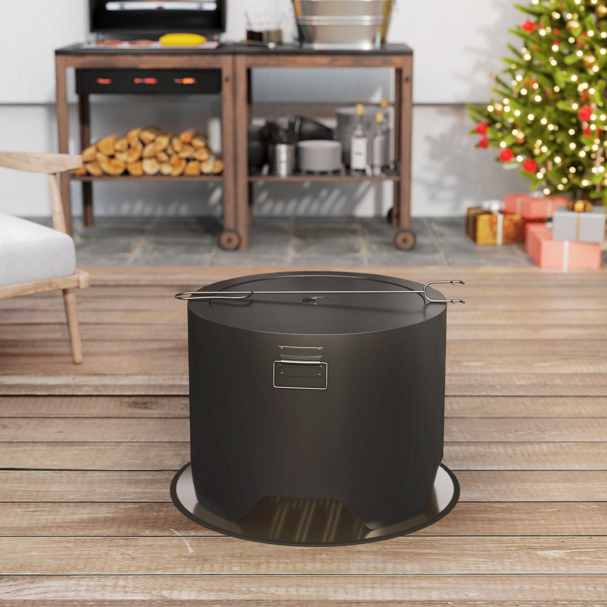 Outsunny Outdoor Round Fire Pit with Lid and Fire Poker - Black - North Peak Garden Furniture