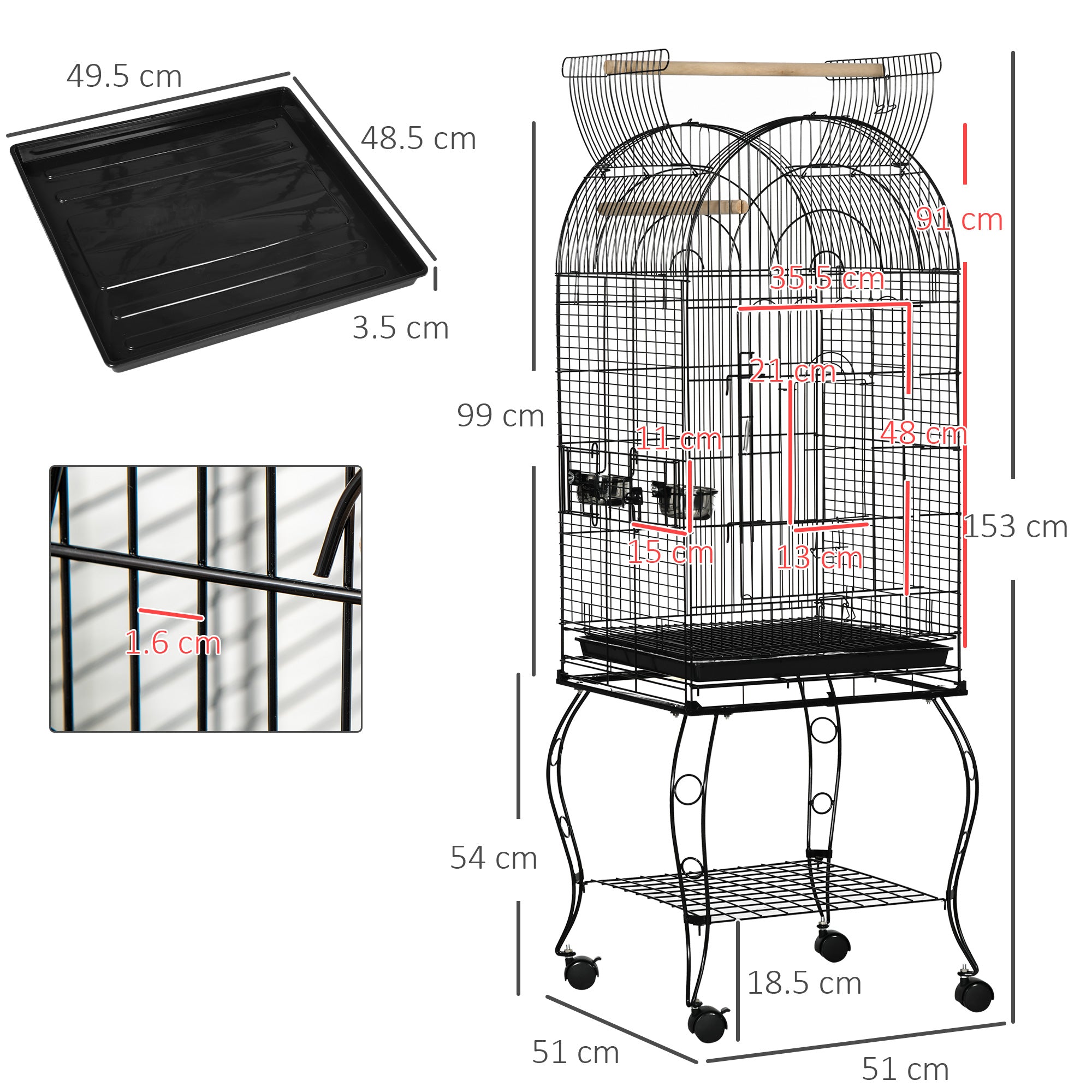PawHut 1.53(m) Bird Cage, Pet Viary, Feeding Stand, with Wheels, Perch - North Peak Garden Furniture