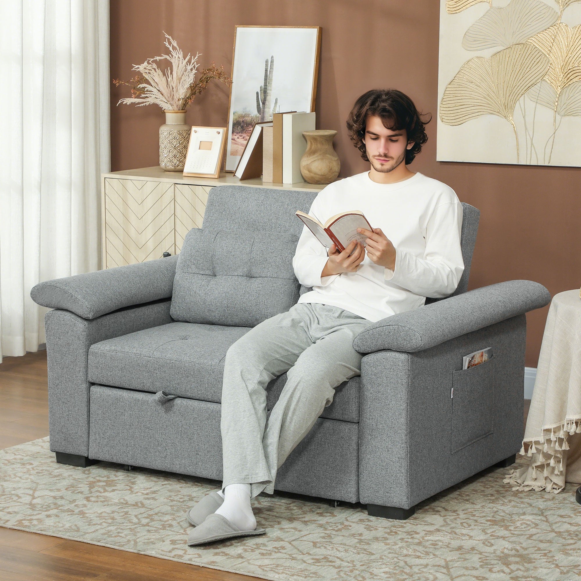HOMCOM Pull Out Sofa Bed with 2 Pocket Springs, Fabric 2 Seater Click Clack Sofa Bed Settee, Convertible Sofa Couch with Pillows and Side Pockets for Living Room, Home Office, Light Grey - North Peak Garden Furniture