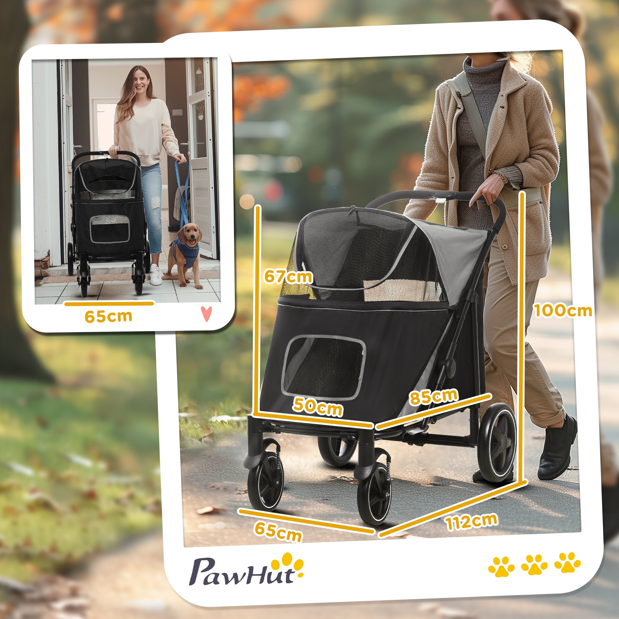 PawHut One-Click Foldable Pet Stroller, with Universal Wheels, Shock absorber, for Medium and Large Dogs - Grey