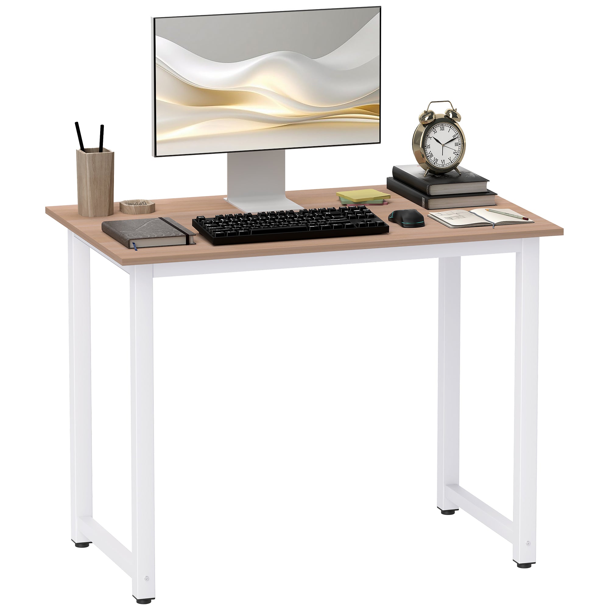 HOMCOM Computer Desk, Writing Table, 100 x 60 x 76cm Workstation for Home Office, Study with Metal Frame, Simple Assembly, White - North Peak Garden Furniture