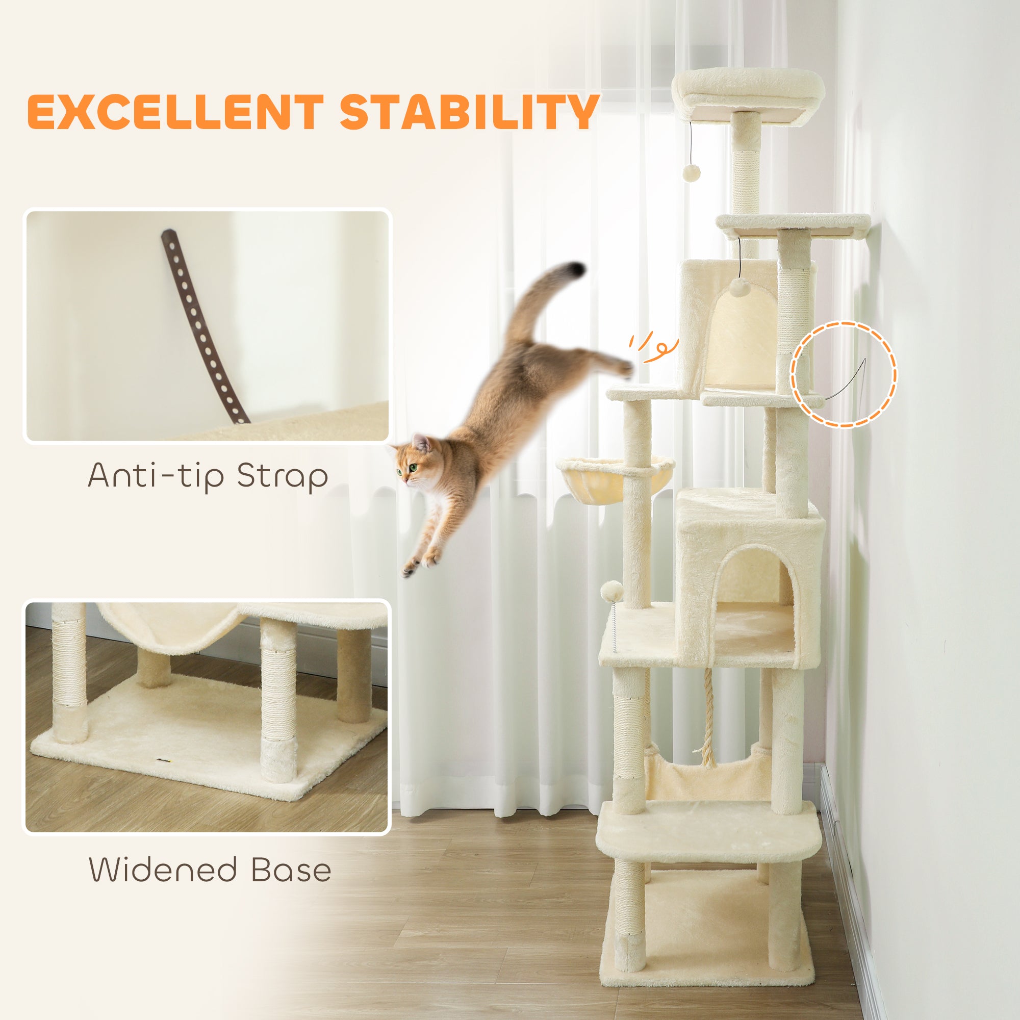 PawHut 202cm Cat Tree with 6 Scratching Posts, 2 Hammocks, 2 Condos, 2 Perches, Pompoms, for Cats to Rest and Play, Beige