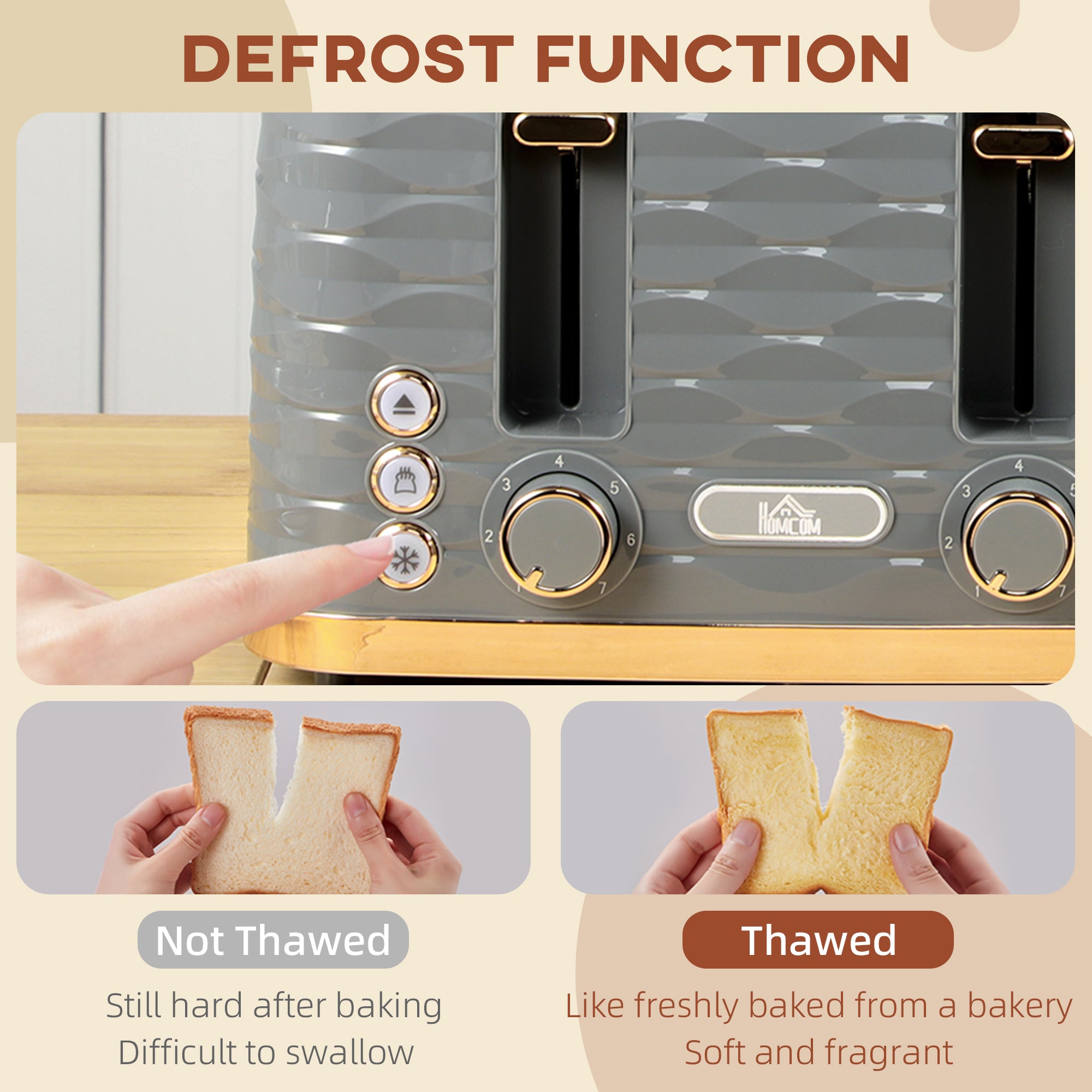 HOMCOM 4 Slice Toaster with 7 Browning Levels, High Lift, Reheat/Defrost/Cancel, Self-centring Function, Removable Crumb Tray, Auto Off, 1600W, Grey Water Ripple Texture - North Peak Garden Furniture