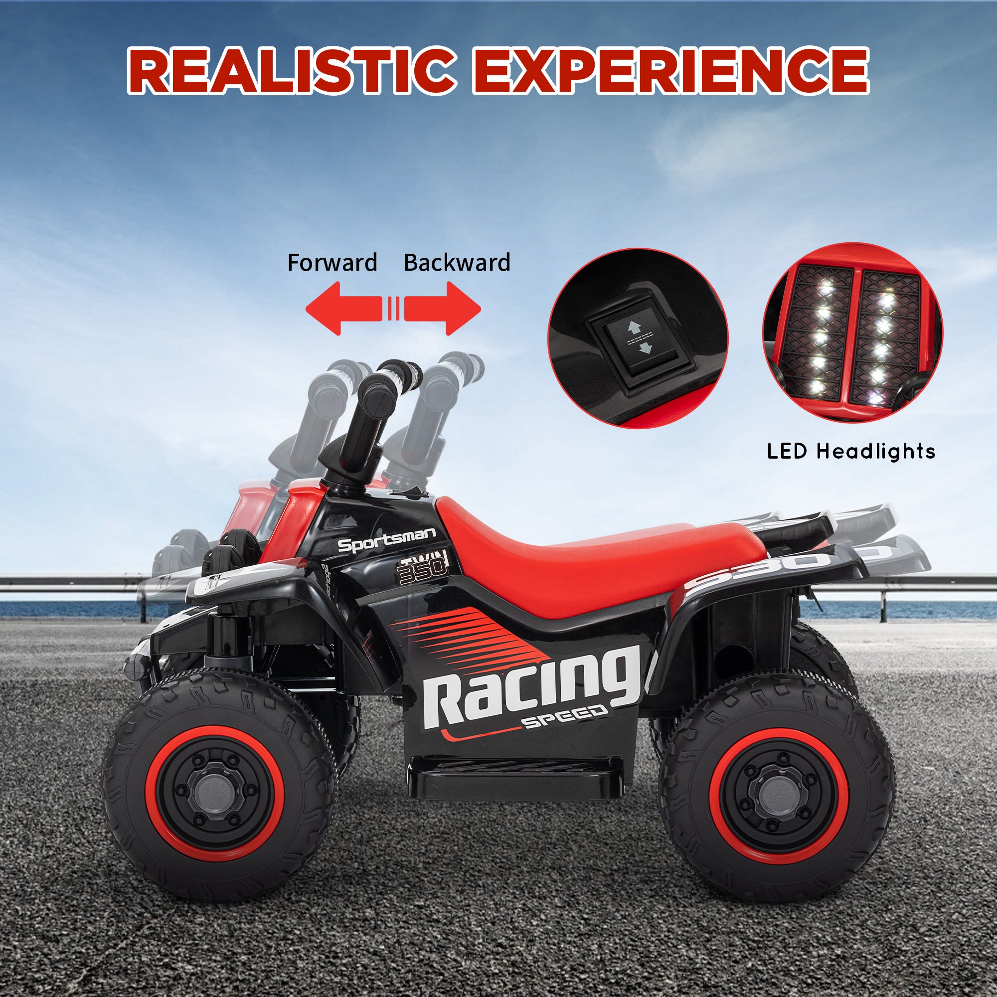 AIYAPLAY 6V Electric Quad Bike for Kids, Ride On ATV w/ Forward Backward, Headlights, for 18-36 Months, Black and Red - North Peak Garden Furniture