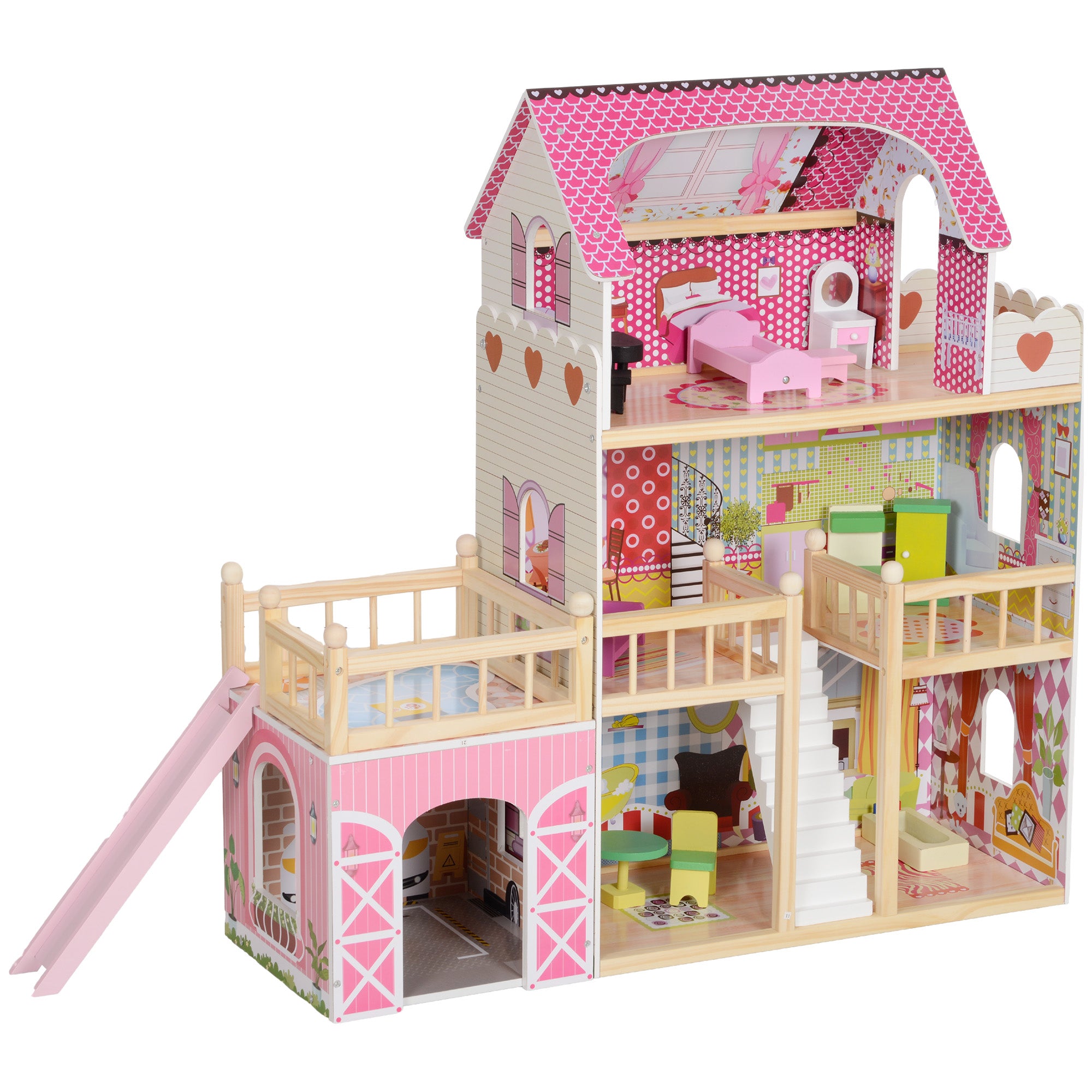 AIYAPLAY 3 Storey Dolls House Play Set with 13 Pieces Wooden Furniture and Accessories for 3-6 Years