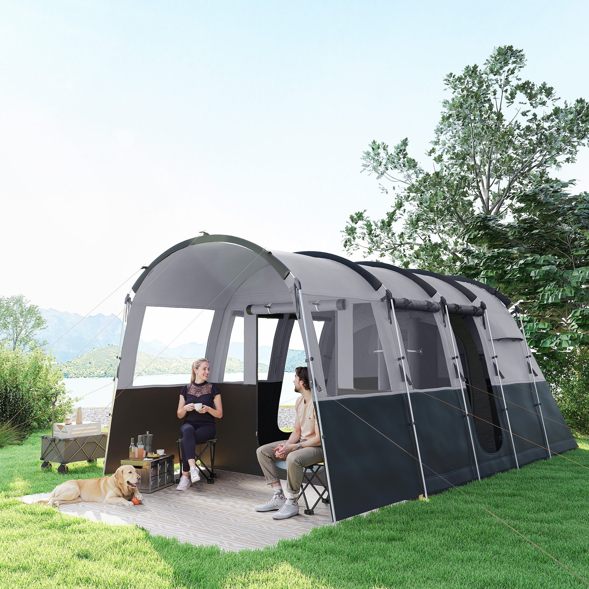 Outsunny 8-Person Camping Tent, Waterproof Family Tent, Tunnel Design, 4 Large Windows, Sleeping Cabins 3000mm Water Column Grey