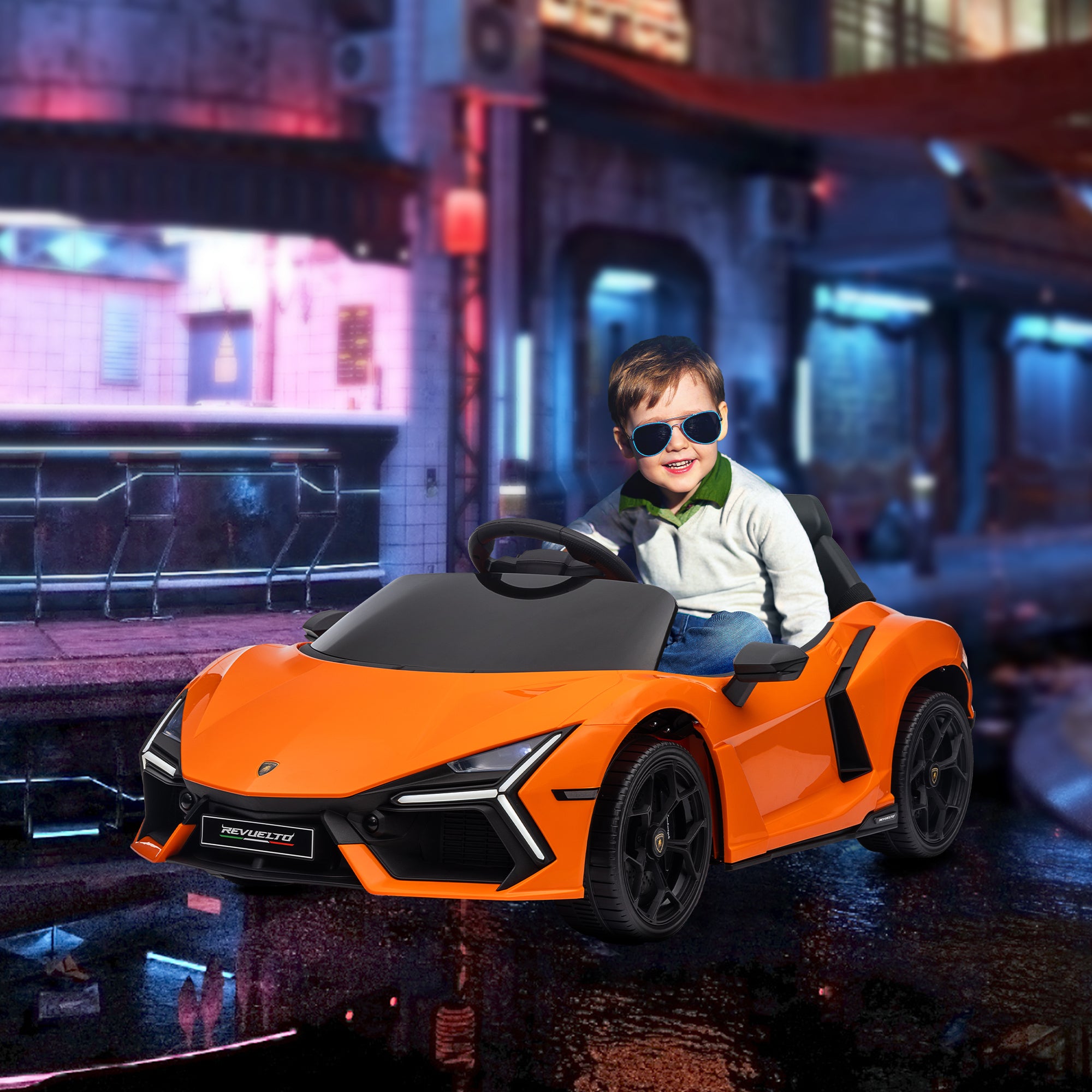 AIYAPLAY Lamborghini Revuelto Licensed 12V Ride on Car w/ Butterfly Doors, Transport Wheels, Suspension, Remote Control, Orange - North Peak Garden Furniture