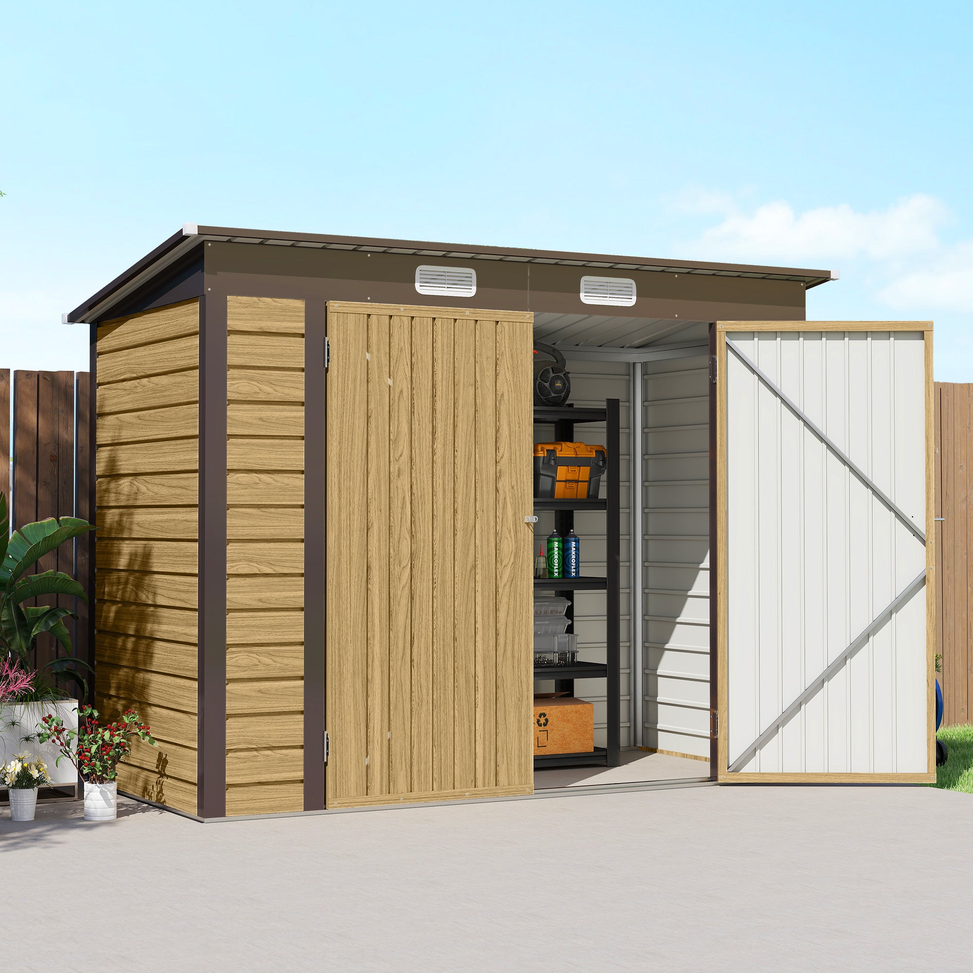 Outsunny 3.7 x 7.9ft Galvanised Steel Shed, with Latched Door and Padlock - Oak