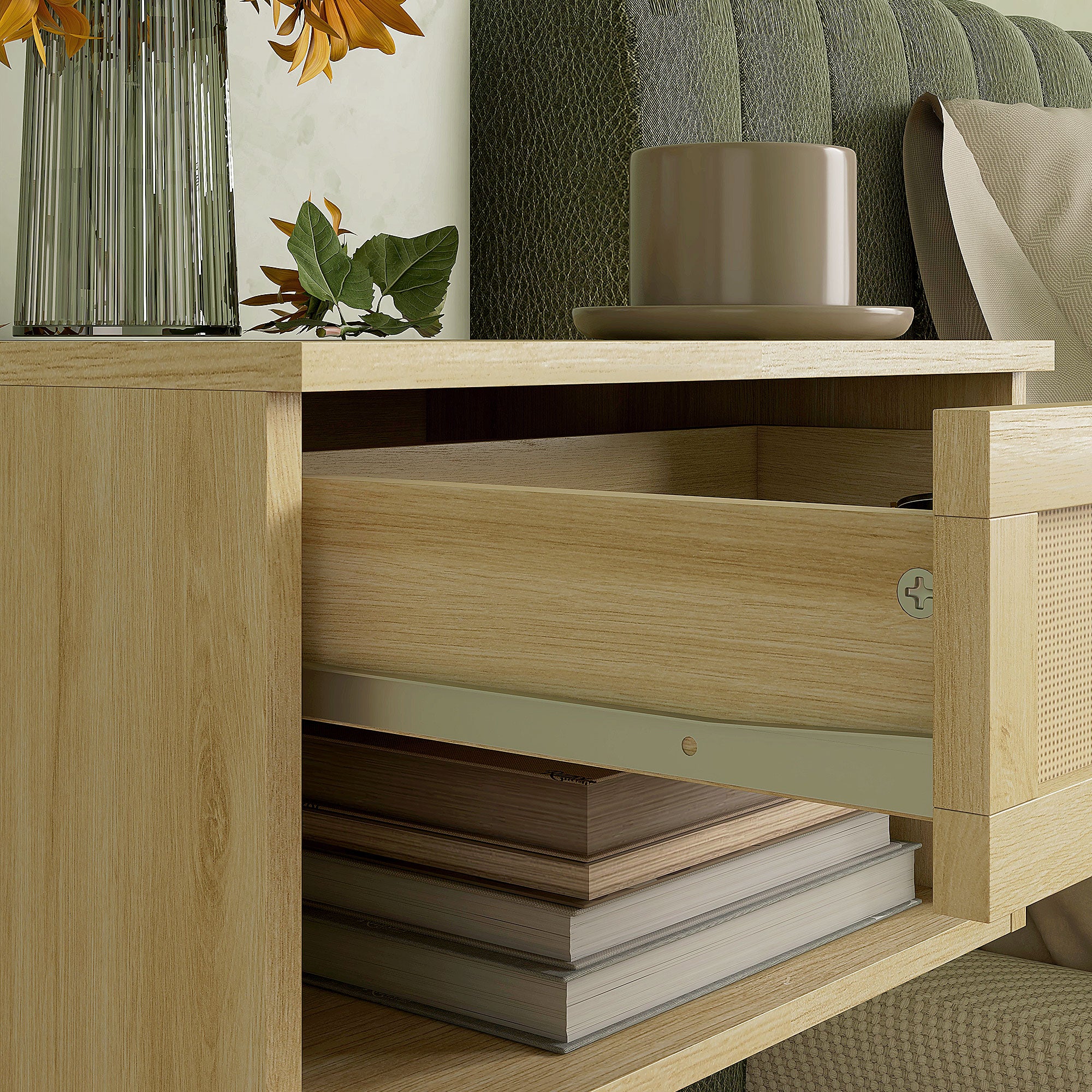 HOMCOM Set of Two Rattan Panel Floating Bedside Tables - Wood-Effect - North Peak Garden Furniture