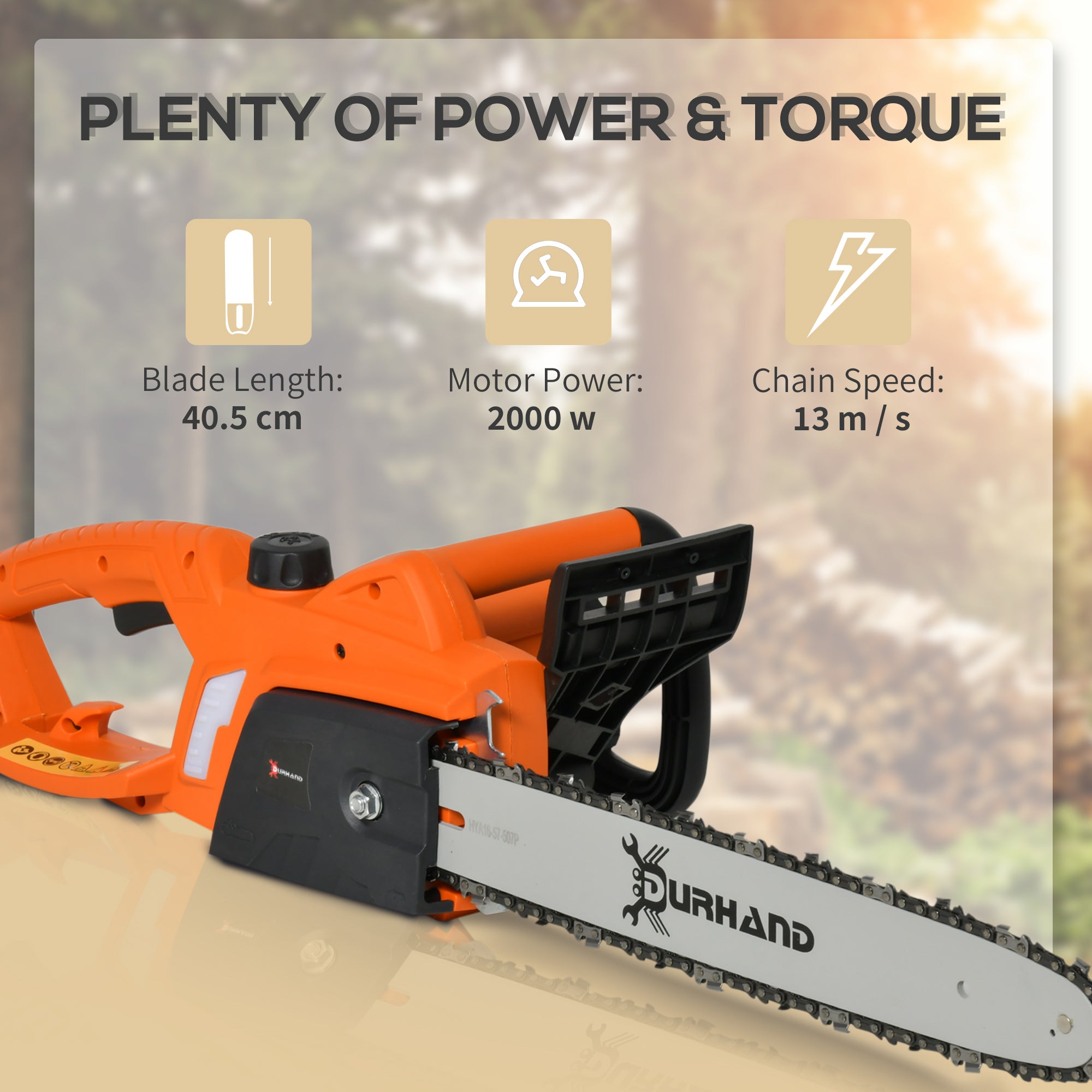DURHAND Aluminium Electric Chainsaw with Double Brake Protection and Blade Cover, 2000 W, 40 cm, for Wood, Trees and Branches, Orange - North Peak Garden Furniture