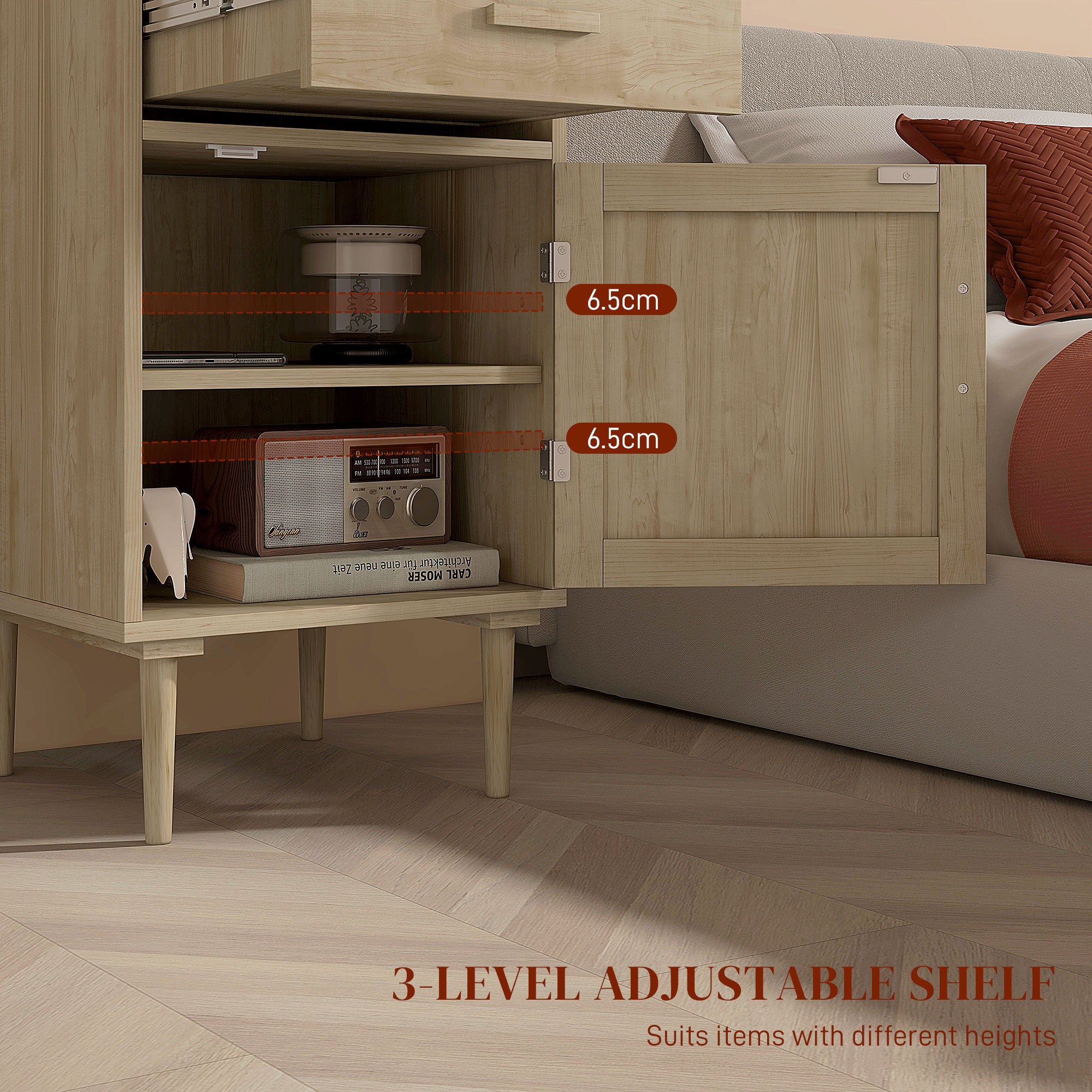 HOMCOM Bedside Table, Rattan Side Tables with Drawer, Cabinet and Adjustable Shelf, Boho Bedside Cabinet with Storage for Bedroom, Living Room, Natural Wood Effect - North Peak Garden Furniture