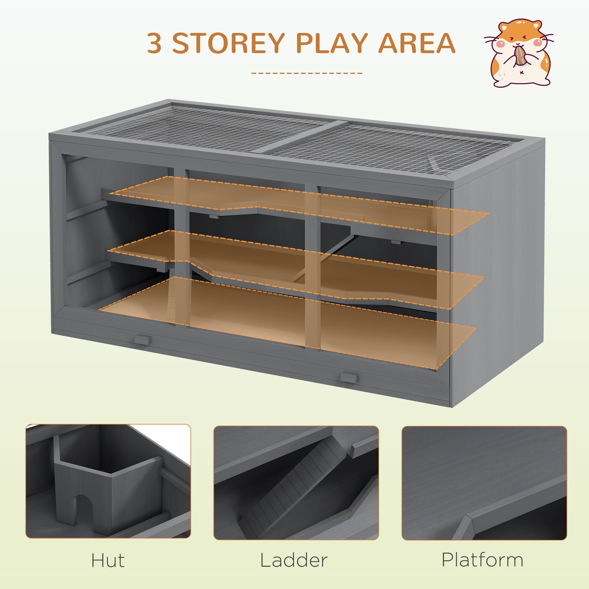 PawHut Wooden Hamster Cage, Small Animals Hutch with Tray, Openable Top, Exercise Play House Pen, 115L x 57W x 55Hcm, Grey - North Peak Garden Furniture