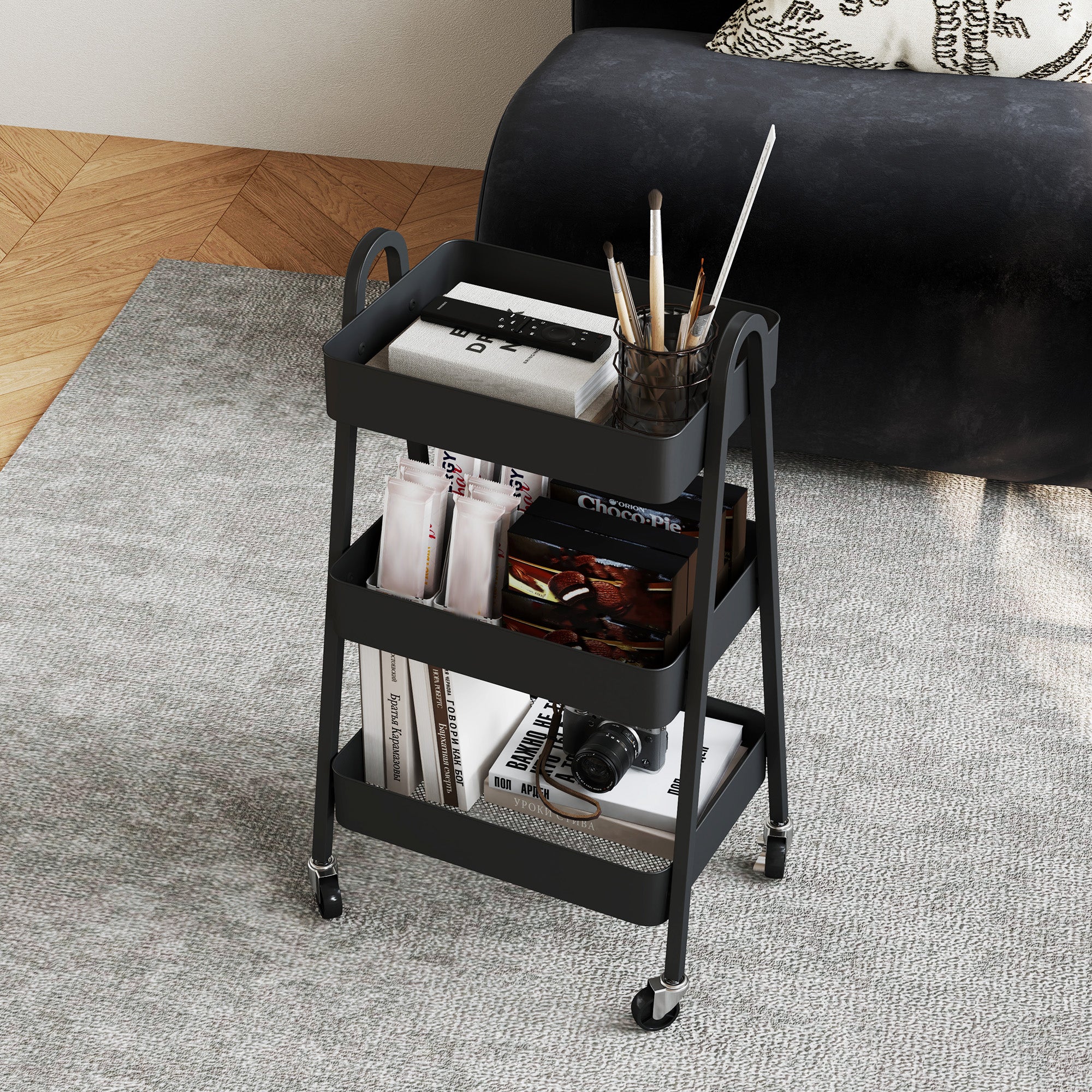 HOMCOM 3-Tier Storage Trolley on Wheels - Black - North Peak Garden Furniture