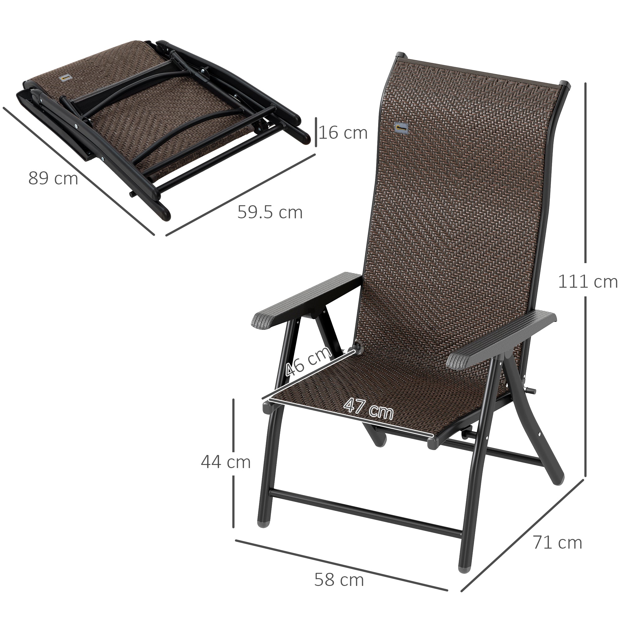 Outsunny Set of Four Folding Garden Chairs, with Seven-Position Adjustable Backs, Dark Brown - North Peak Garden Furniture