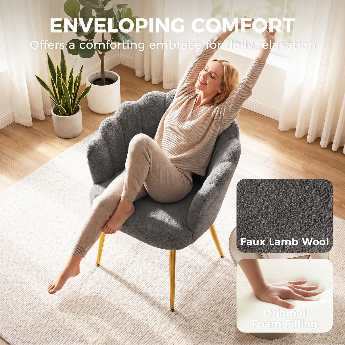 HOMCOM Lounge Chair Petal-Back Armchair Metal Metal Legs for Living Room Bedroom, Grey