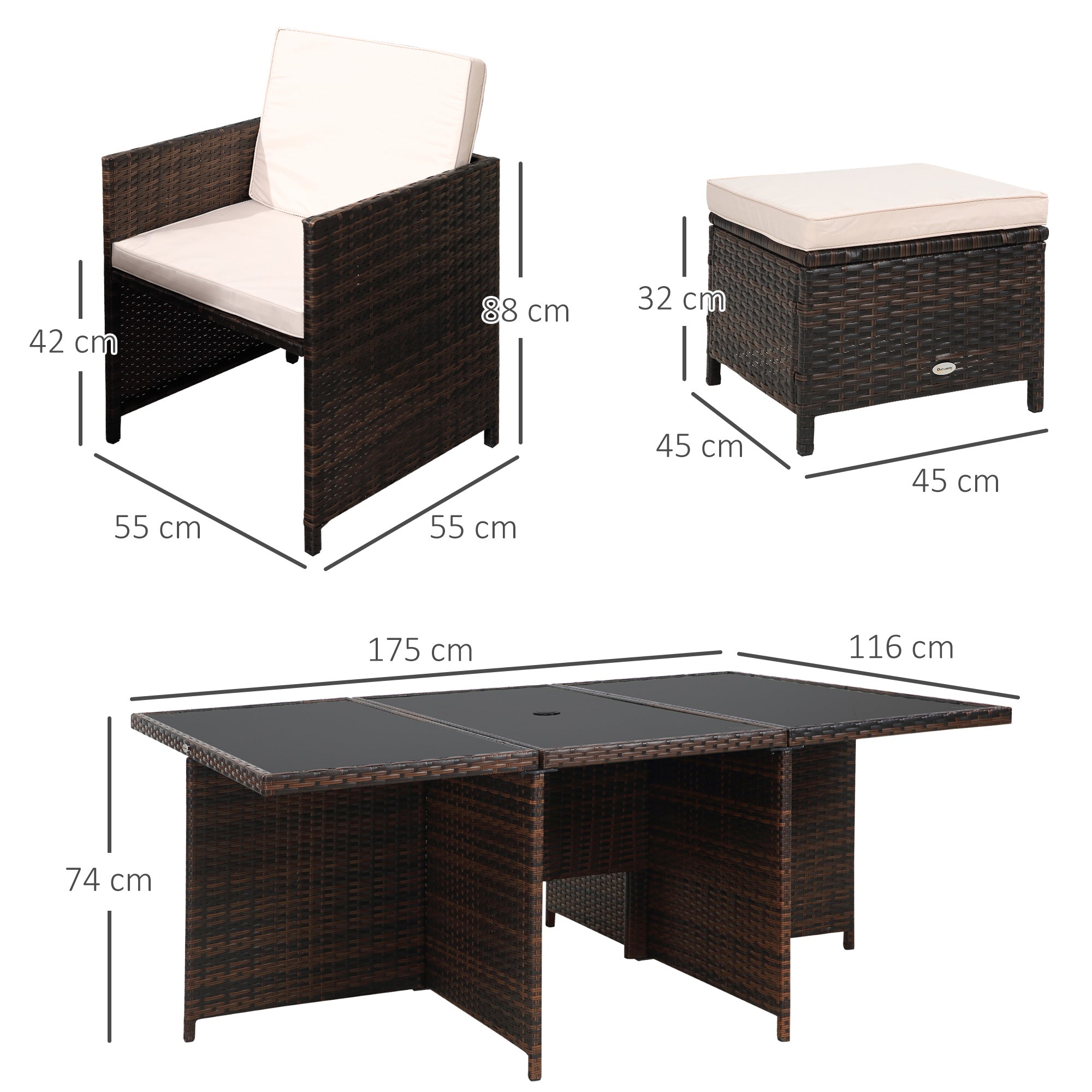 Outsunny 10 Seater Rattan Cube Garden Furniture Set with Parasol Hole, Rattan Dining Set with Cushions, Outdoor Dining Table and Chairs with Rectangular Glass Top Table for Patio, Mixed Brown - North Peak Garden Furniture