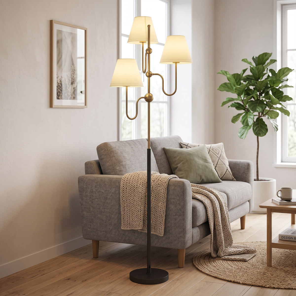HOMCOM Floor Lamp, 165 cm Tall Standing Lamp with 3 Light and Foot Switch for Living Room, Bedroom, Bedside, Office, E27 Base Without Bulb (40W Max)